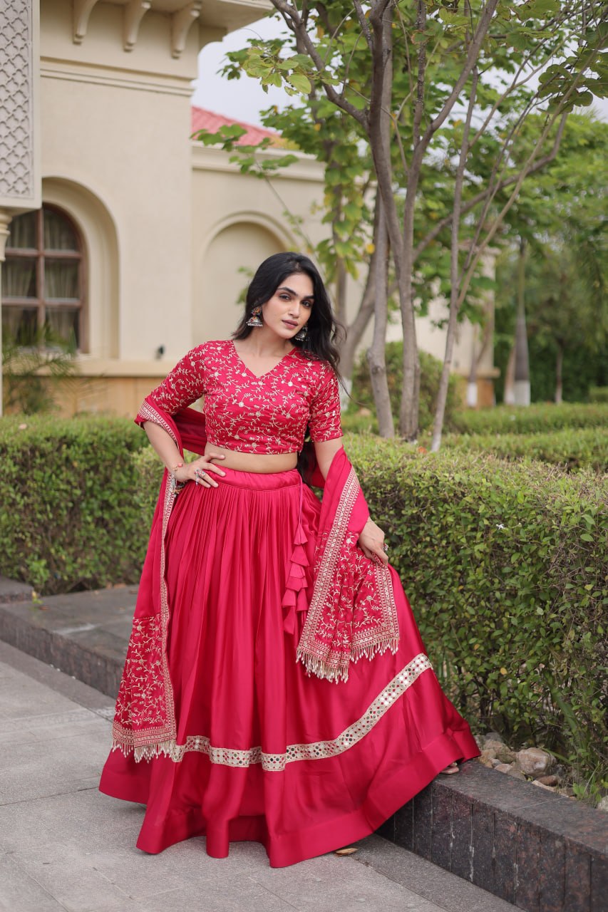 Rani Pink Embroidered Glory Satin Lehenga Choli with Designer Dupatta