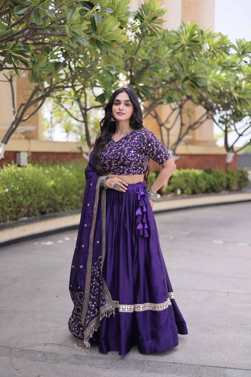 Royal Purple Embroidered Glory Satin Lehenga Choli with Designer Dupatta