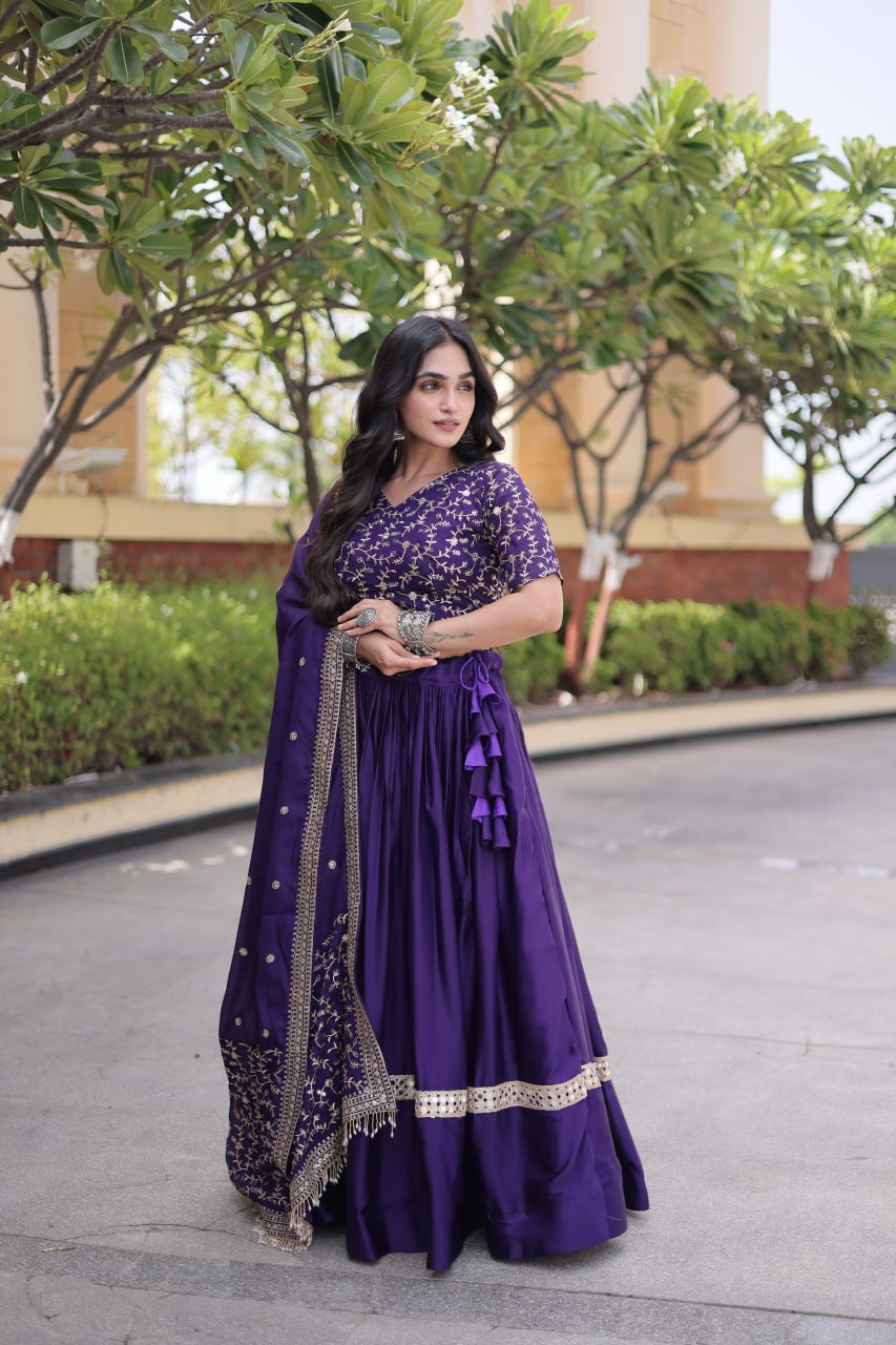 Royal Purple Embroidered Glory Satin Lehenga Choli with Designer Dupatta