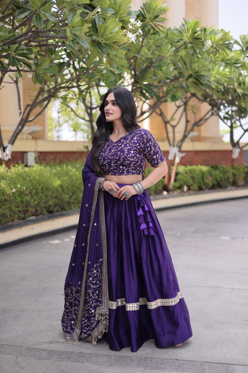 Royal Purple Embroidered Glory Satin Lehenga Choli with Designer Dupatta