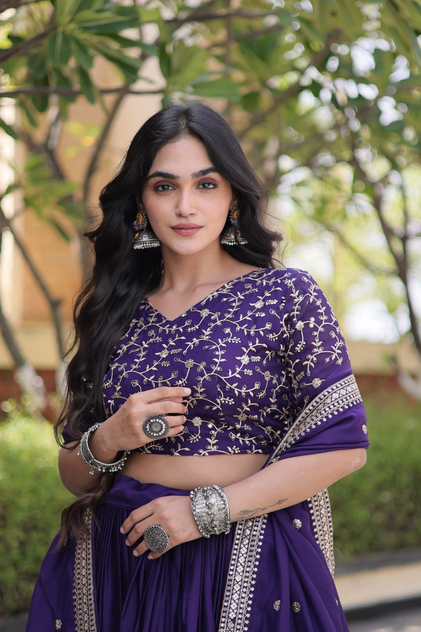 Royal Purple Embroidered Glory Satin Lehenga Choli with Designer Dupatta