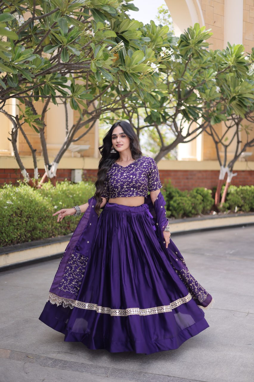 Royal Purple Embroidered Glory Satin Lehenga Choli with Designer Dupatta