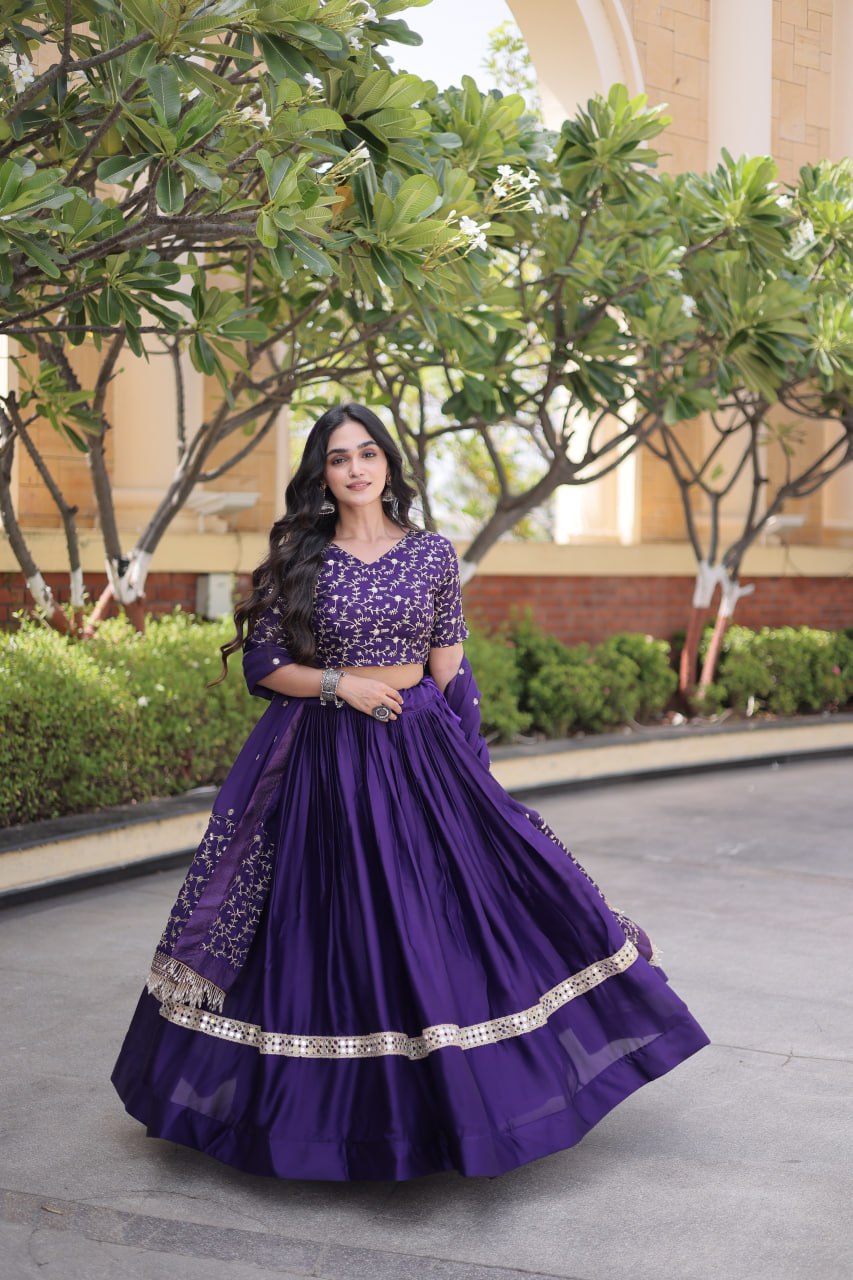 Royal Purple Embroidered Glory Satin Lehenga Choli with Designer Dupatta