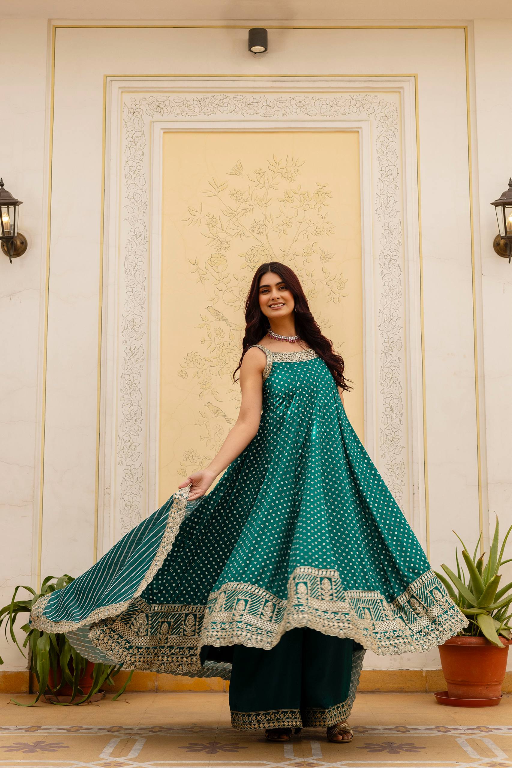 Teal Green Bandhani Vichitra Silk Embroidered Gown Set with Real Mirror Work & Leheriya Dupatta