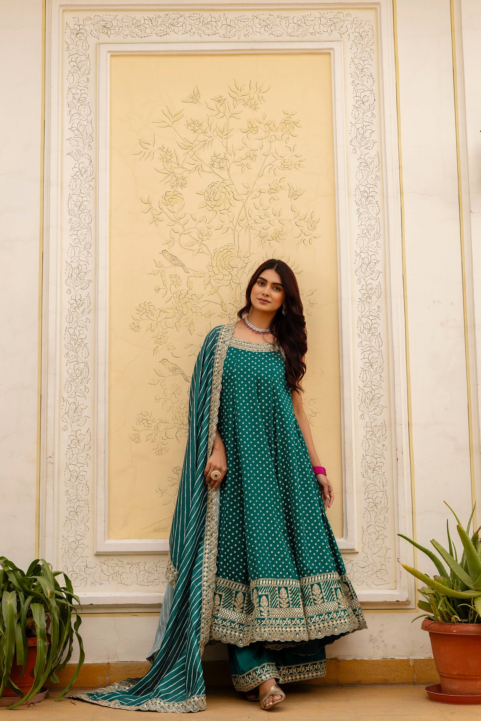 Teal Green Bandhani Vichitra Silk Embroidered Gown Set with Real Mirror Work & Leheriya Dupatta