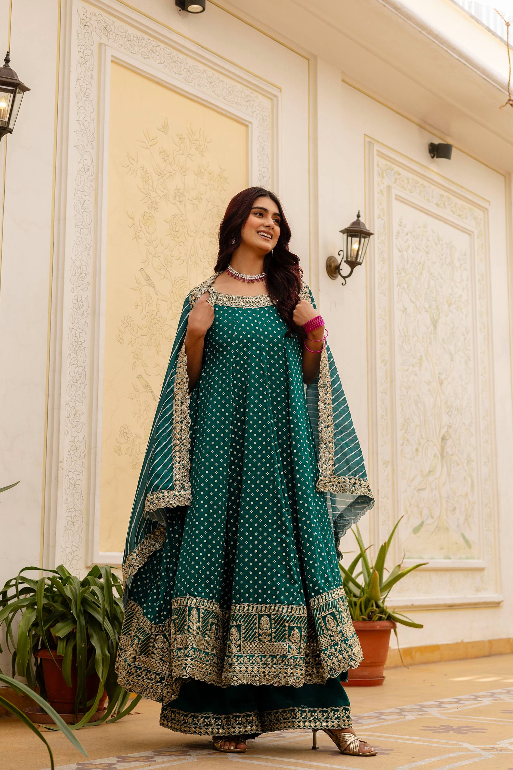 Teal Green Bandhani Vichitra Silk Embroidered Gown Set with Real Mirror Work & Leheriya Dupatta