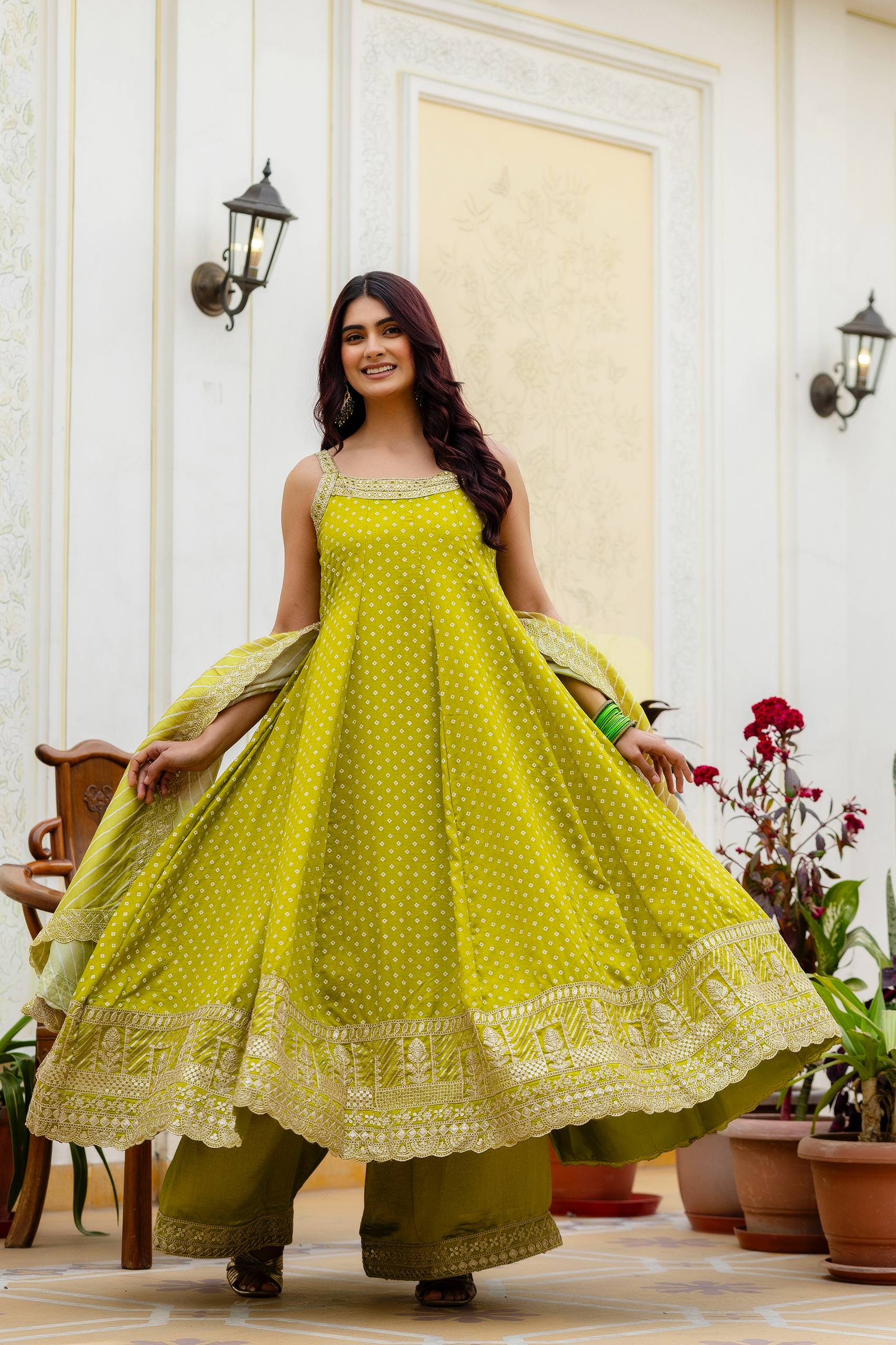 Olive Green Bandhani Vichitra Silk Embroidered Gown Set with Real Mirror Work & Leheriya Dupatta