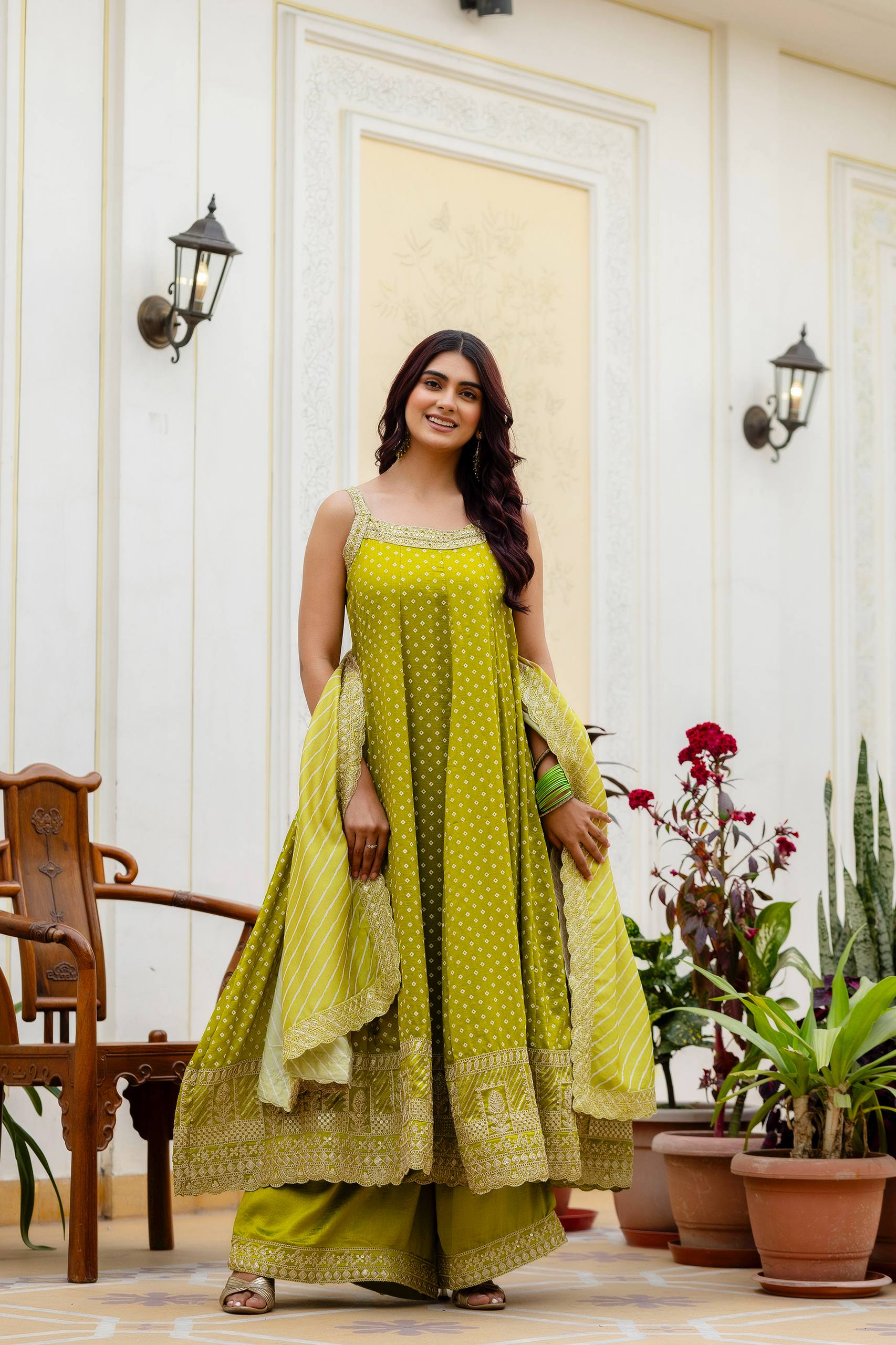 Olive Green Bandhani Vichitra Silk Embroidered Gown Set with Real Mirror Work & Leheriya Dupatta