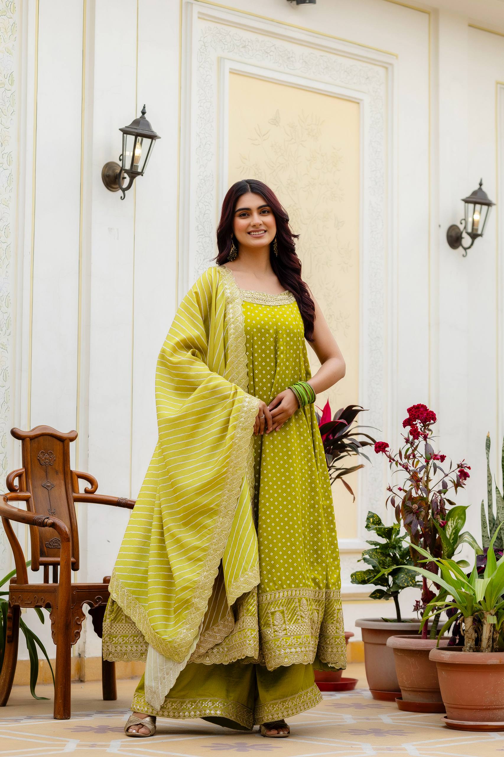 Olive Green Bandhani Vichitra Silk Embroidered Gown Set with Real Mirror Work & Leheriya Dupatta