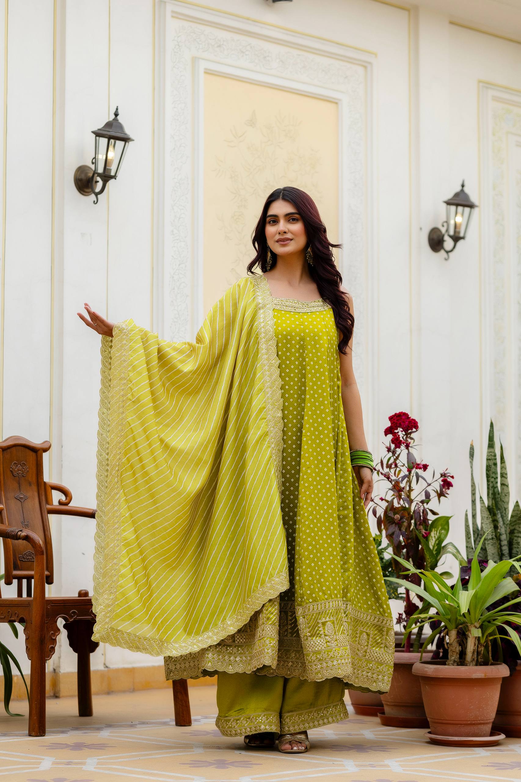 Olive Green Bandhani Vichitra Silk Embroidered Gown Set with Real Mirror Work & Leheriya Dupatta