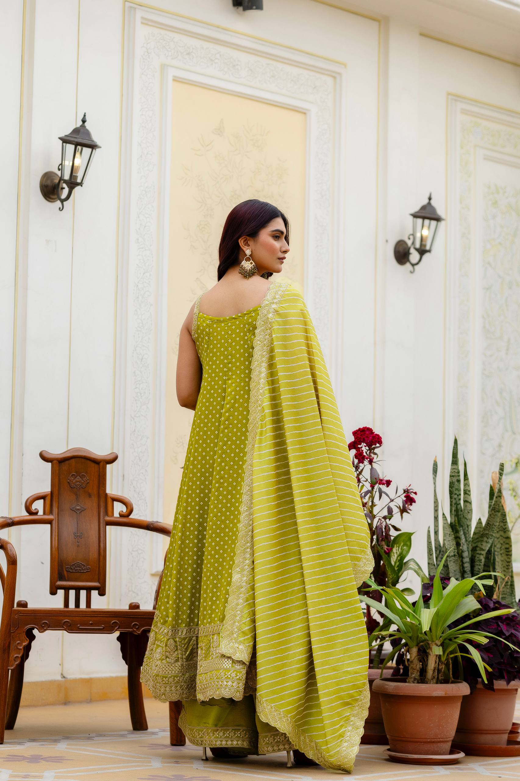 Olive Green Bandhani Vichitra Silk Embroidered Gown Set with Real Mirror Work & Leheriya Dupatta