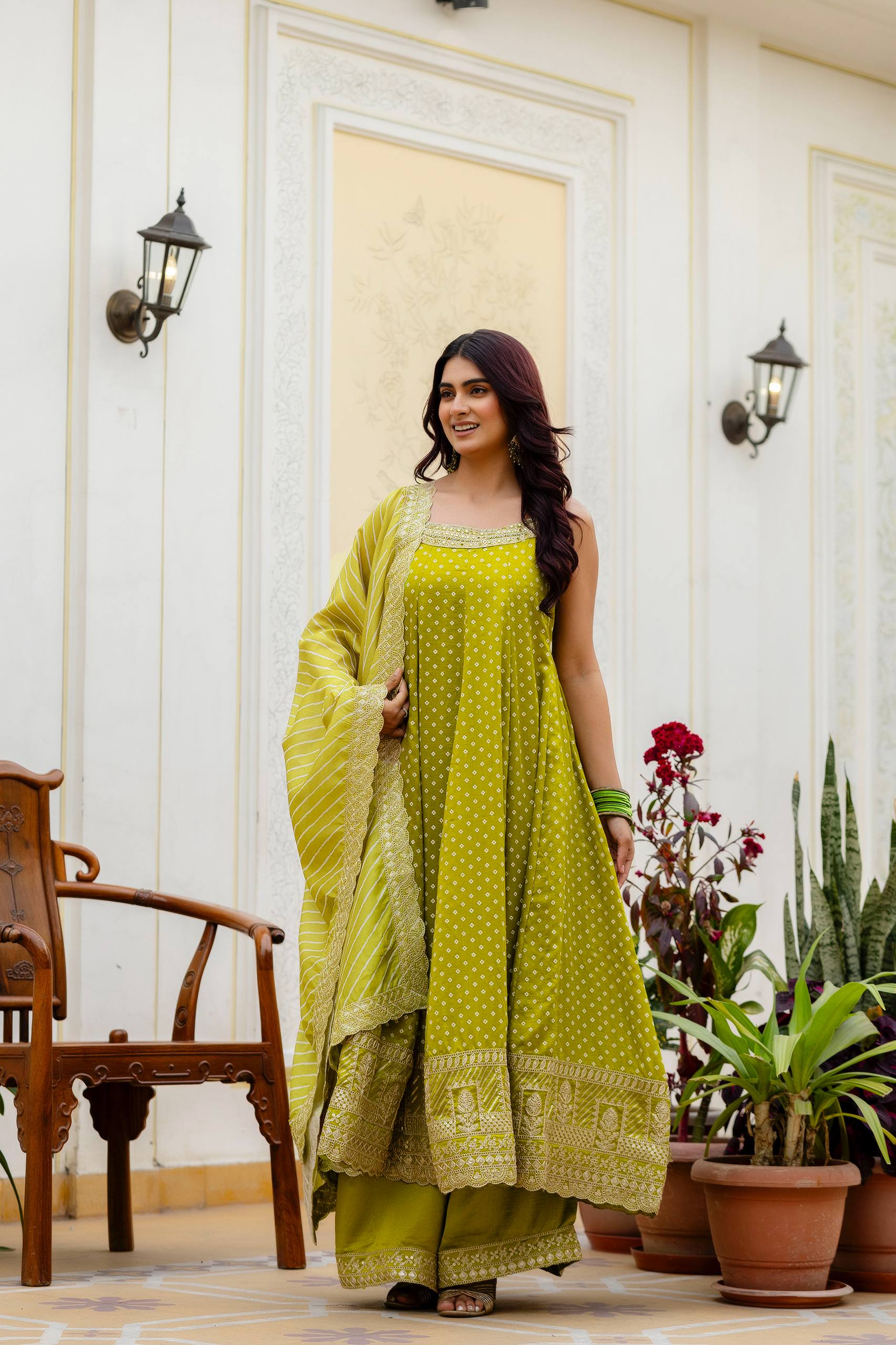 Olive Green Bandhani Vichitra Silk Embroidered Gown Set with Real Mirror Work & Leheriya Dupatta