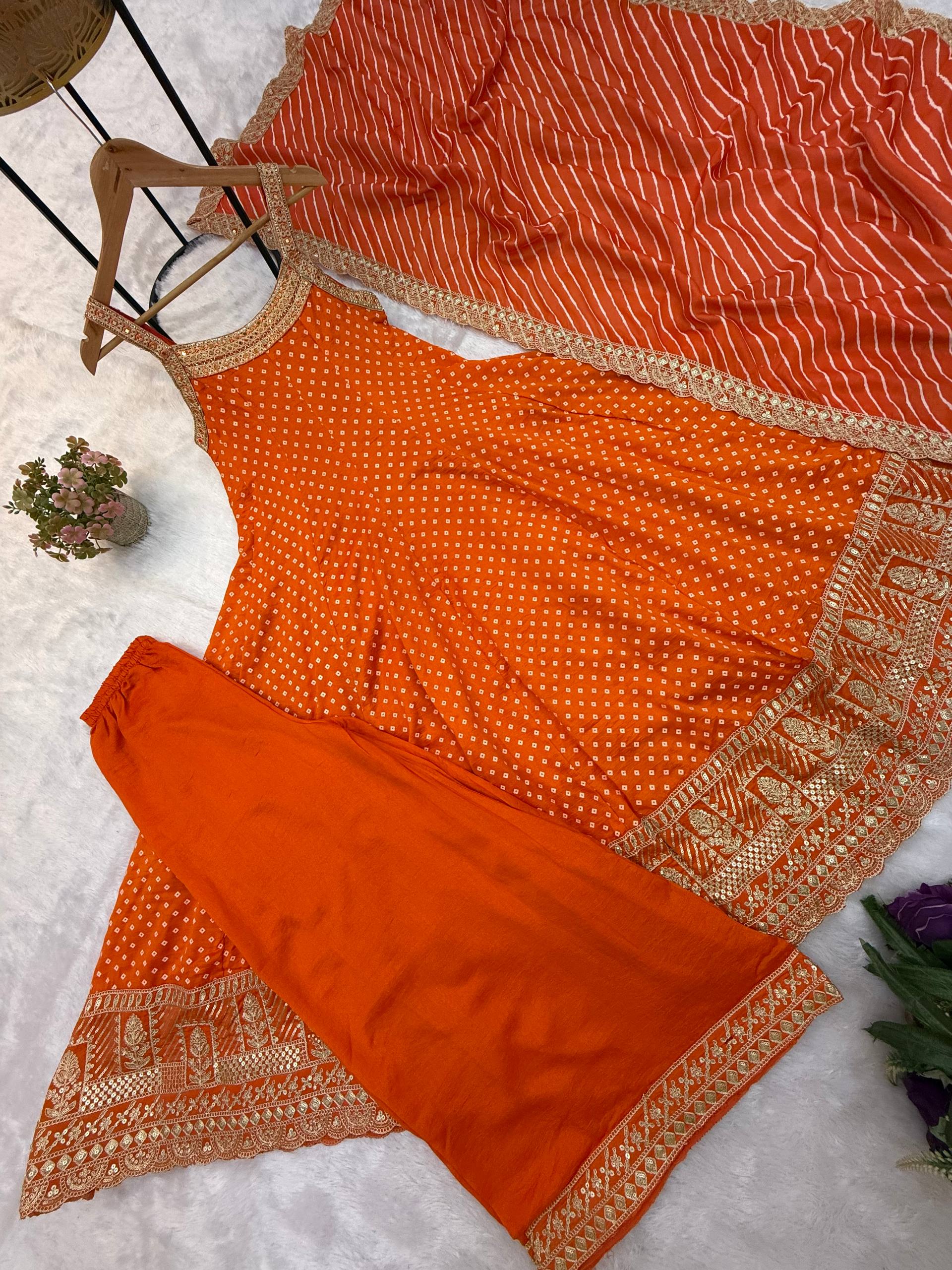 Bright Orange Bandhani Vichitra Silk Embroidered Gown Set with Real Mirror Work & Leheriya Dupatta