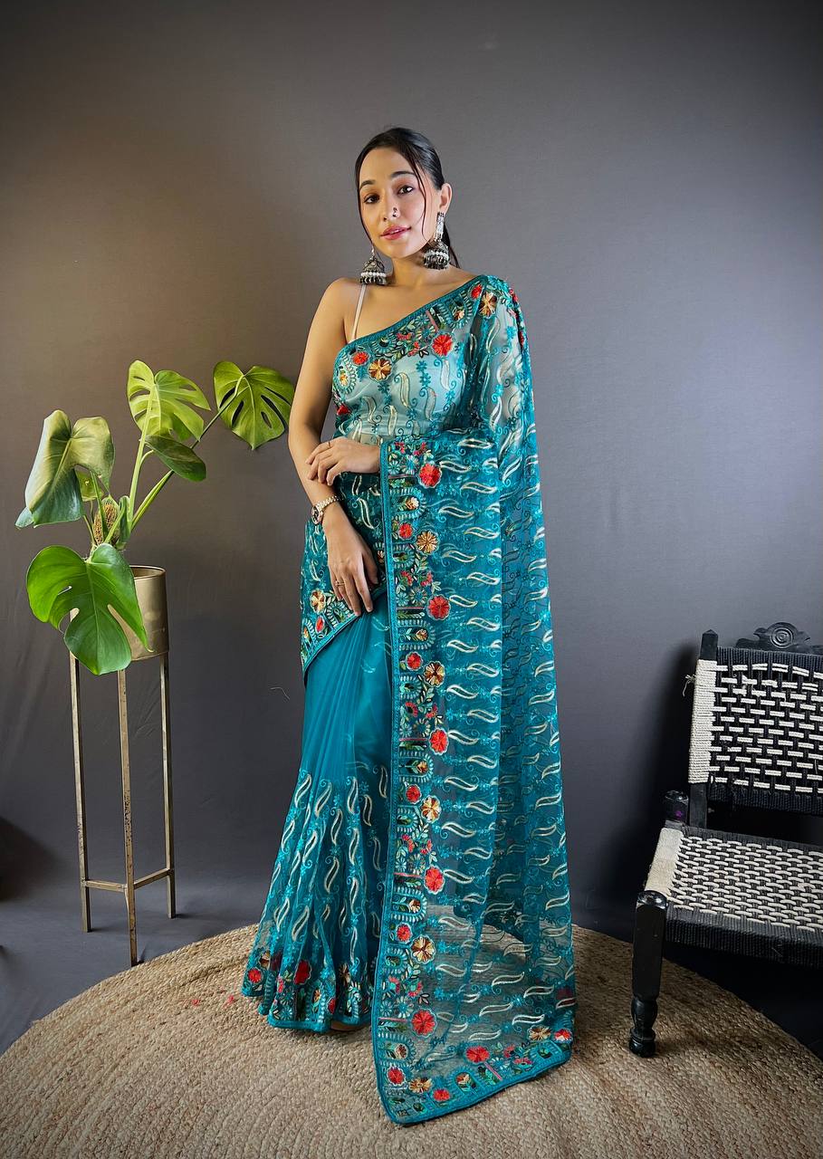 Bollywood Designer Saree with Chain Stitch Work