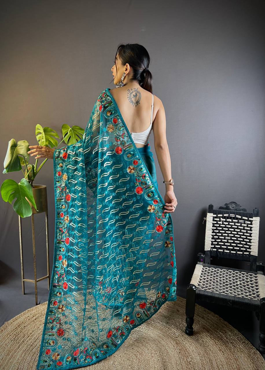 Bollywood Designer Saree with Chain Stitch Work