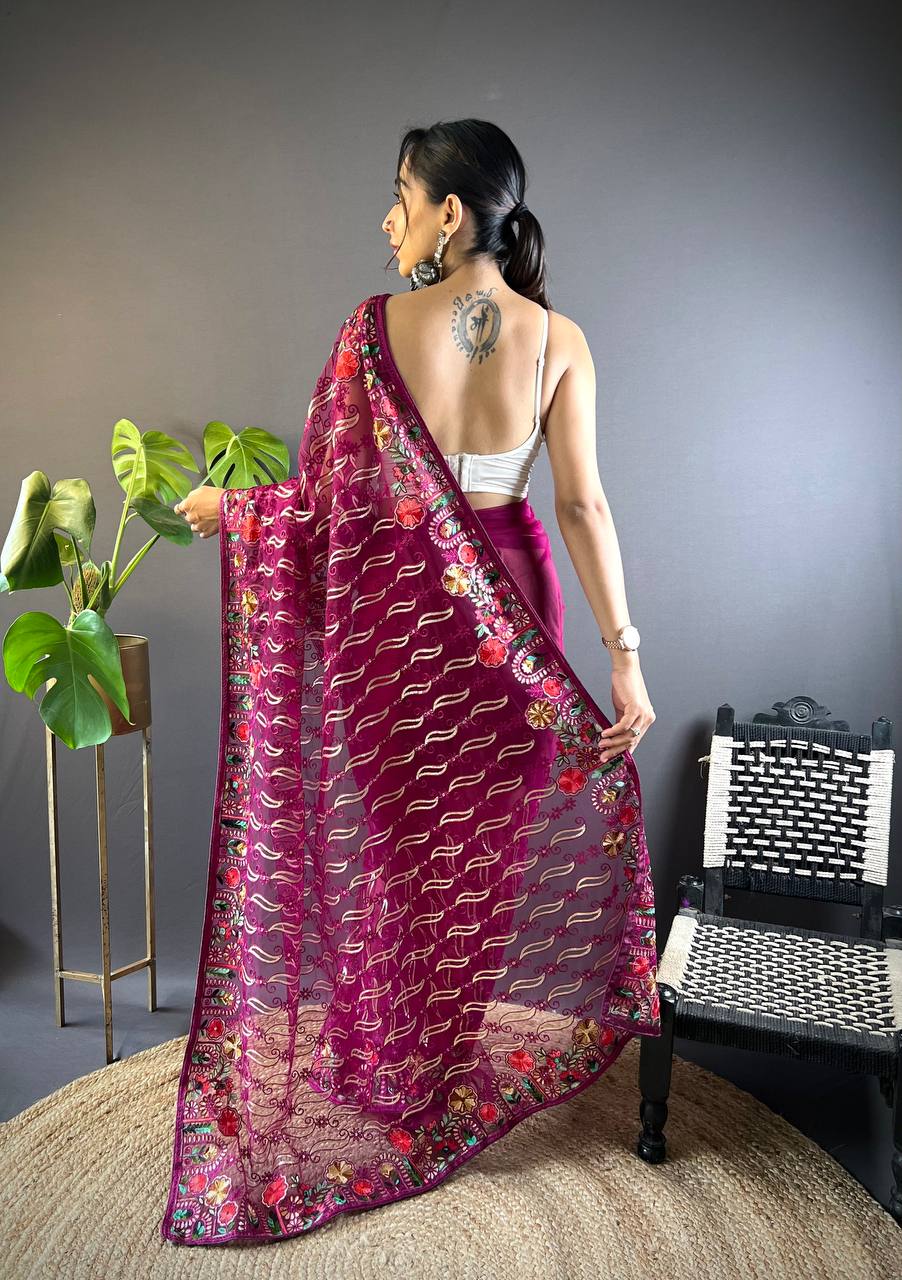 Weddingwear Designer Saree with Chain Stitch Work