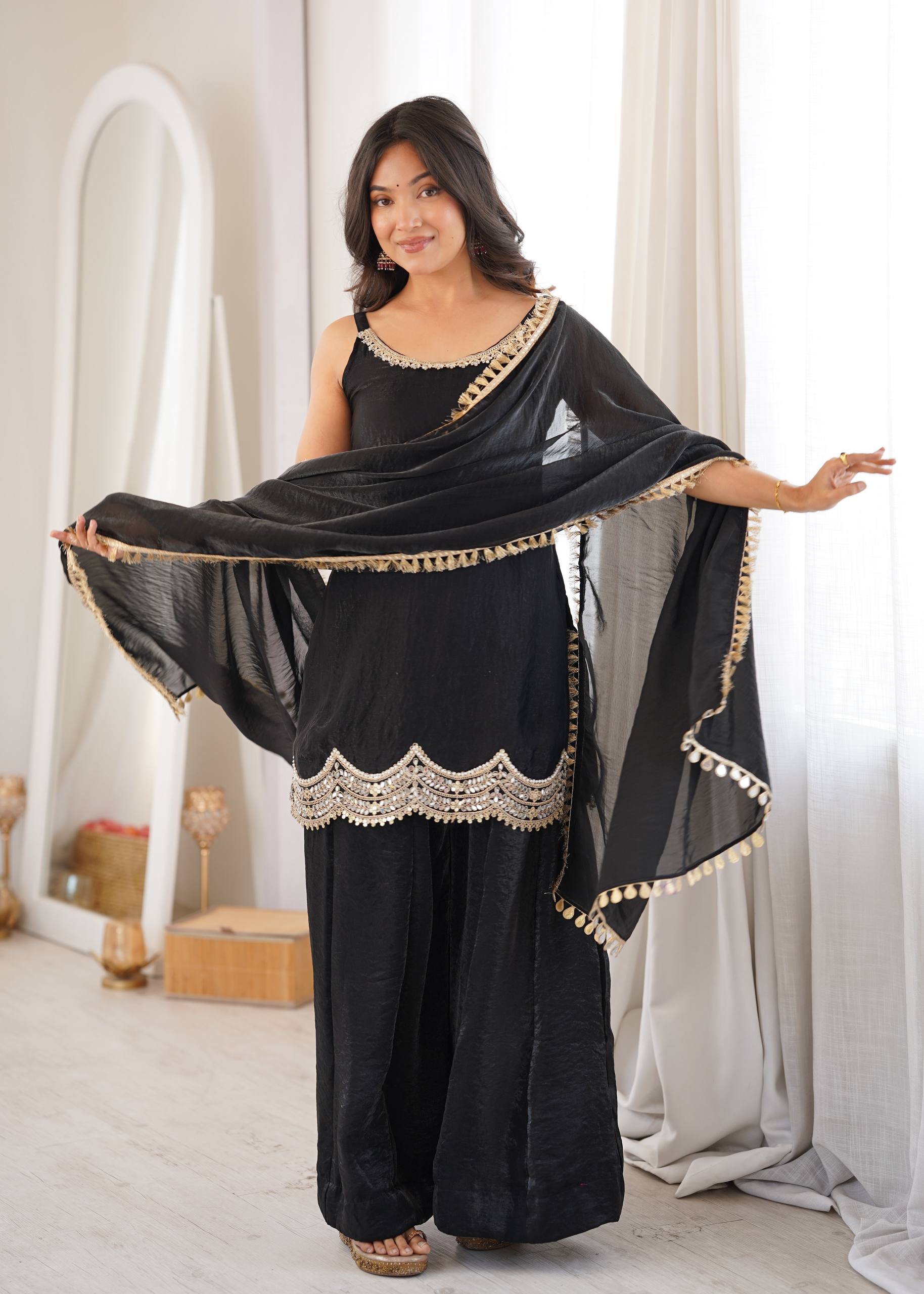 Classic Black Fendy Silk Sharara Suit Set with Mirror Work & Dupatta