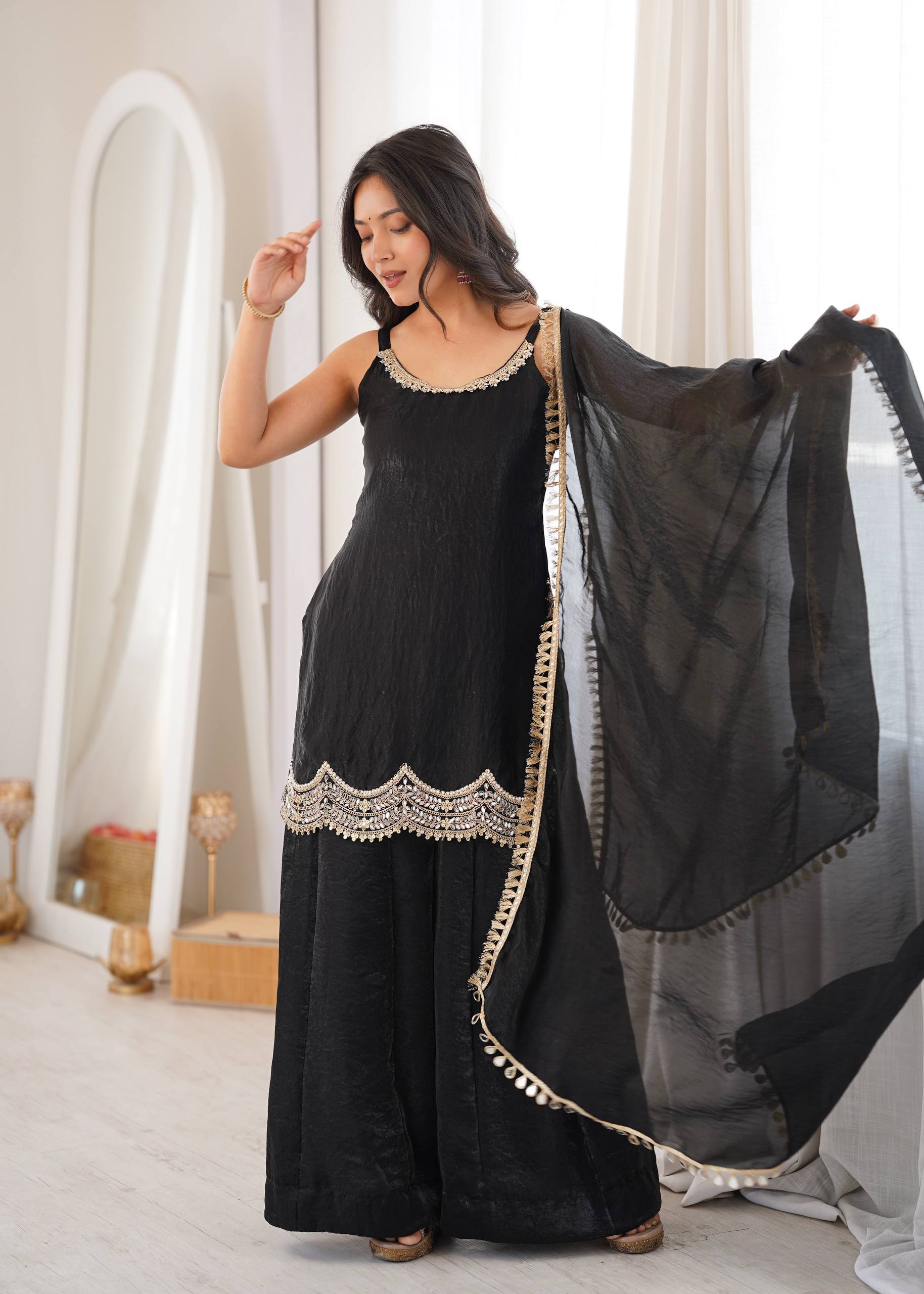 Classic Black Fendy Silk Sharara Suit Set with Mirror Work & Dupatta