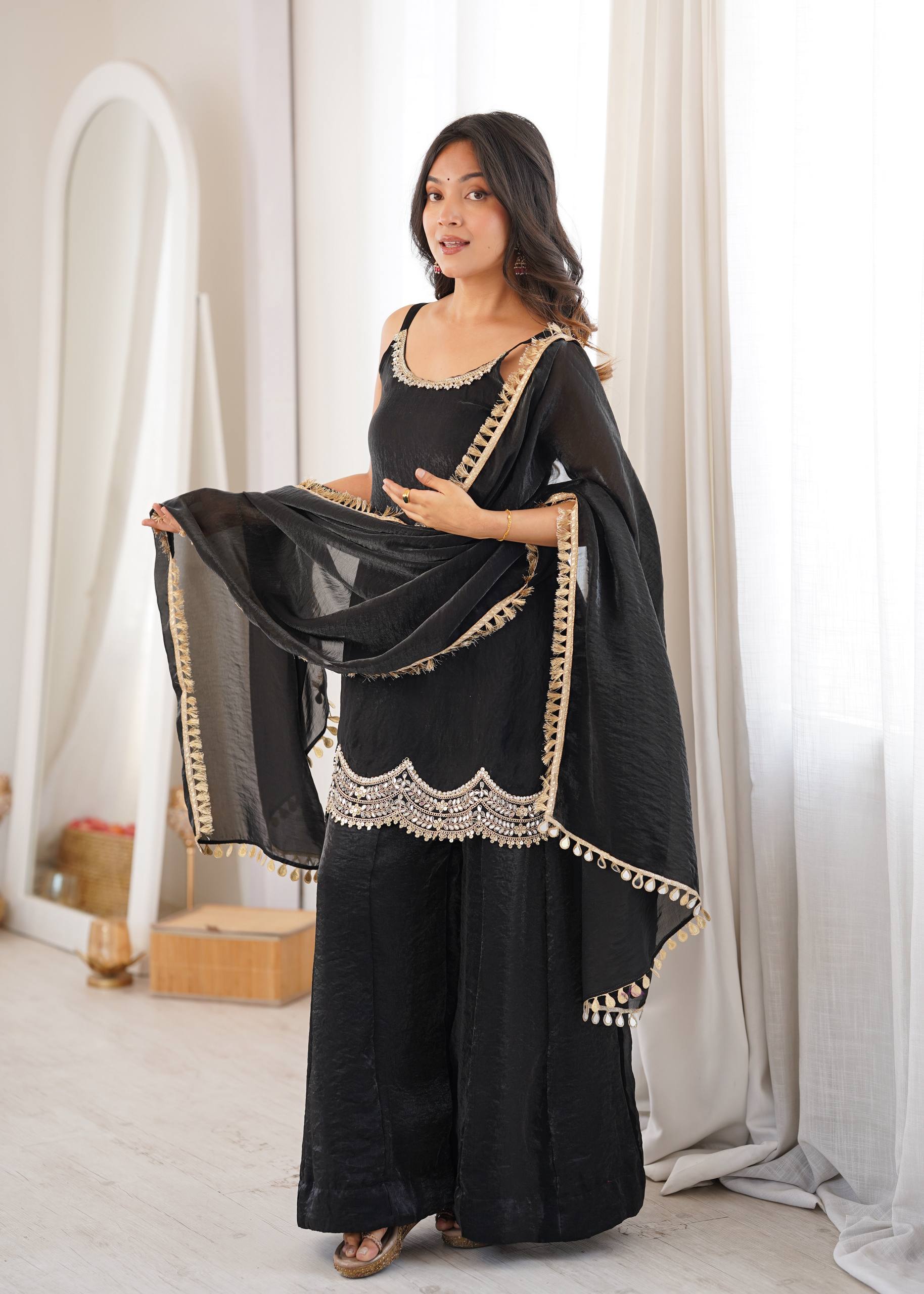 Classic Black Fendy Silk Sharara Suit Set with Mirror Work & Dupatta
