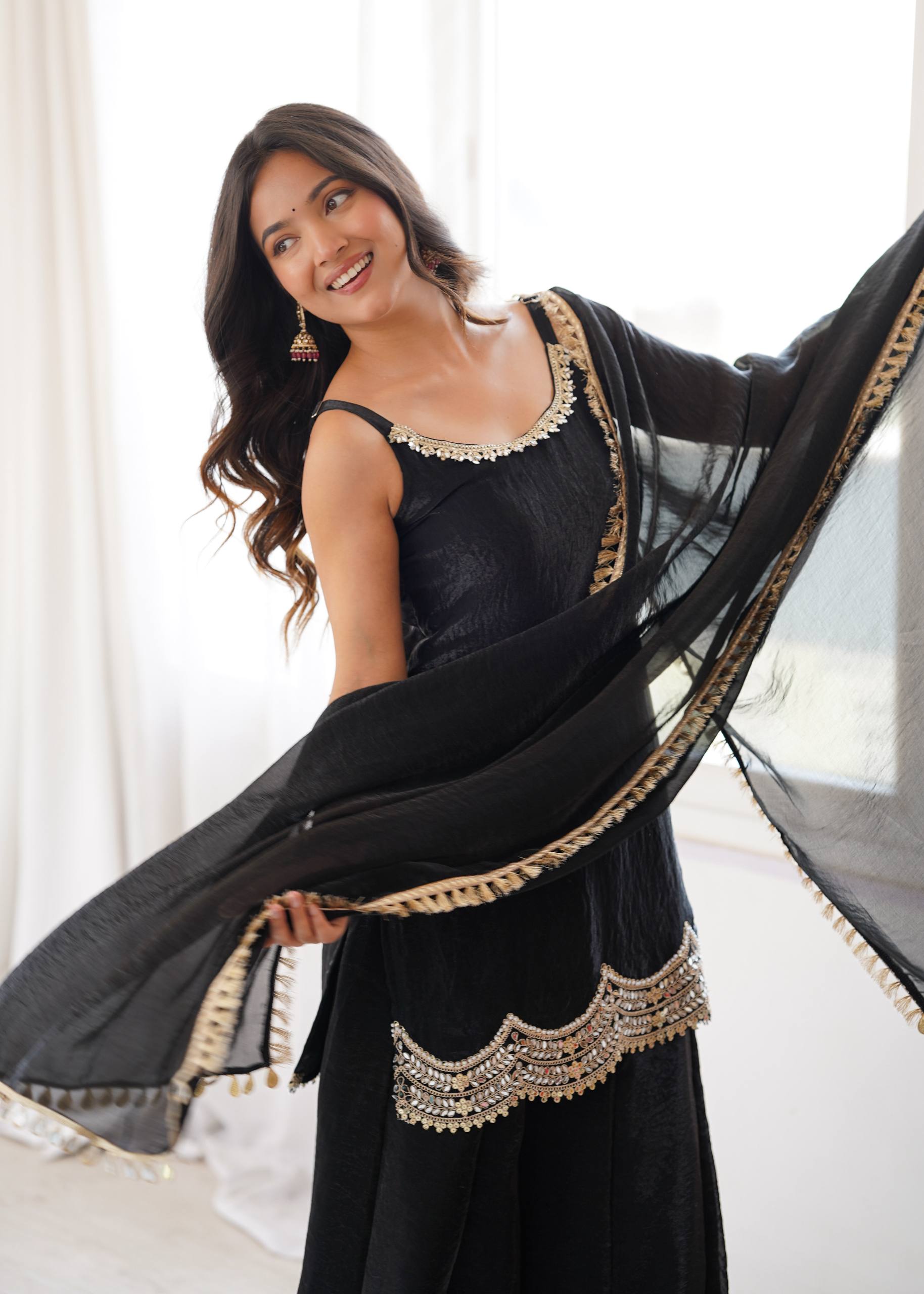 Classic Black Fendy Silk Sharara Suit Set with Mirror Work & Dupatta