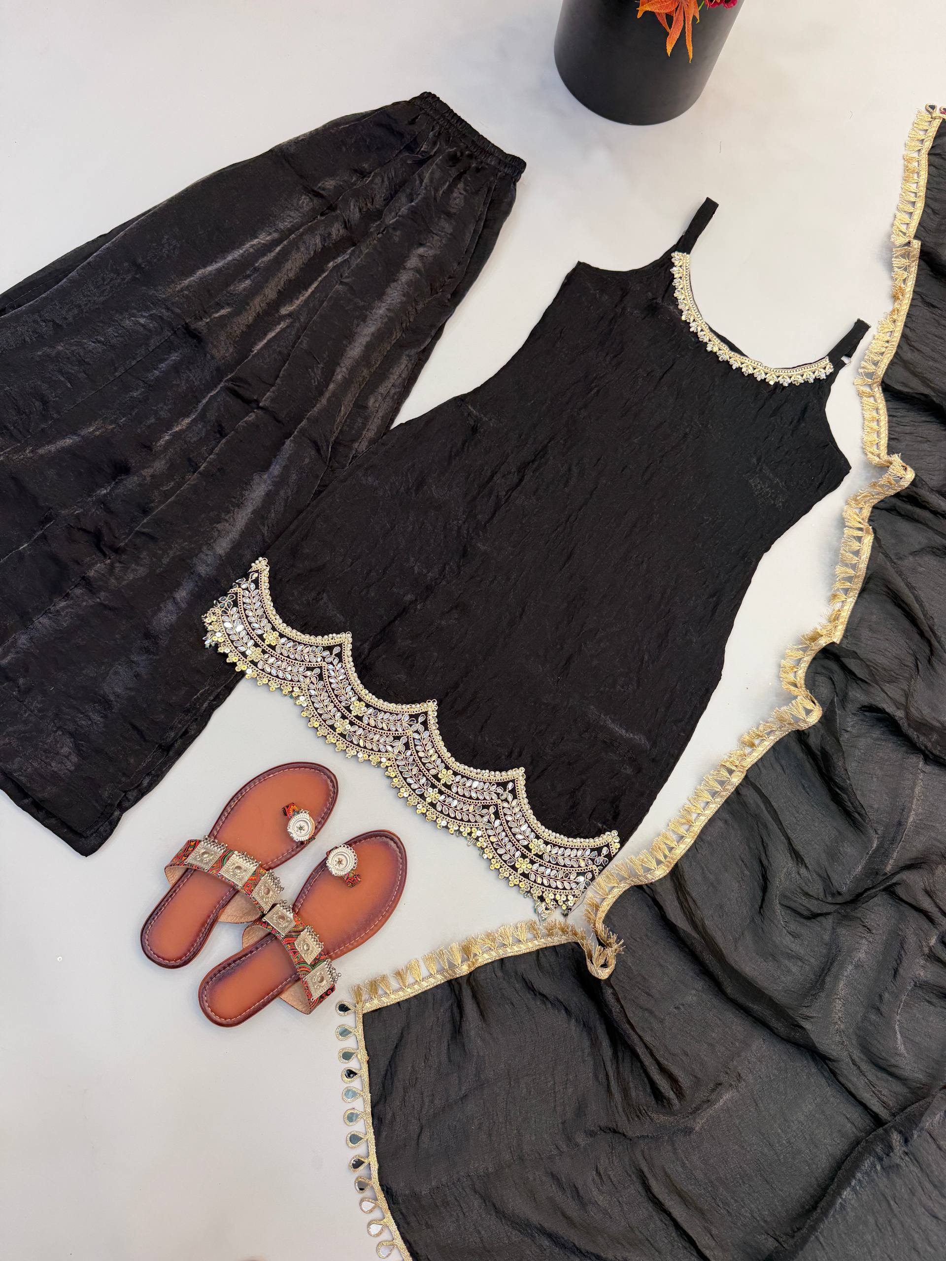 Classic Black Fendy Silk Sharara Suit Set with Mirror Work & Dupatta