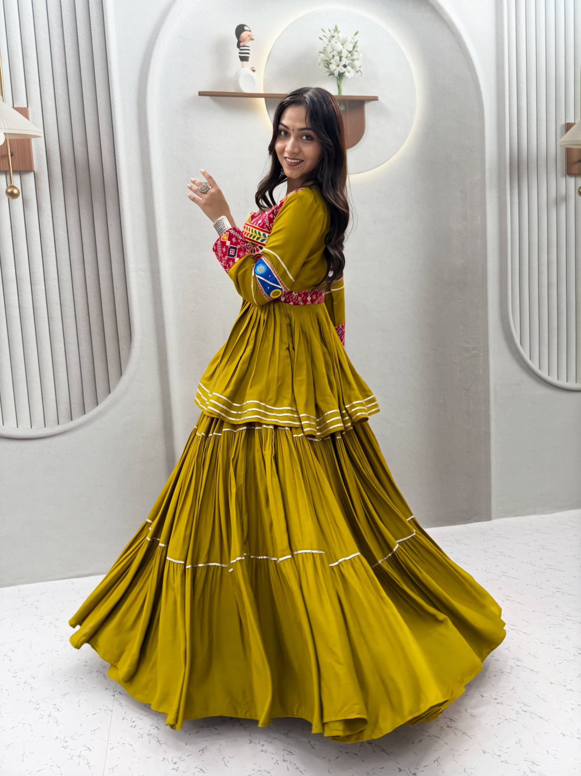 Olive Green Pure Cotton Gamthi Work Lehenga Choli with Koti