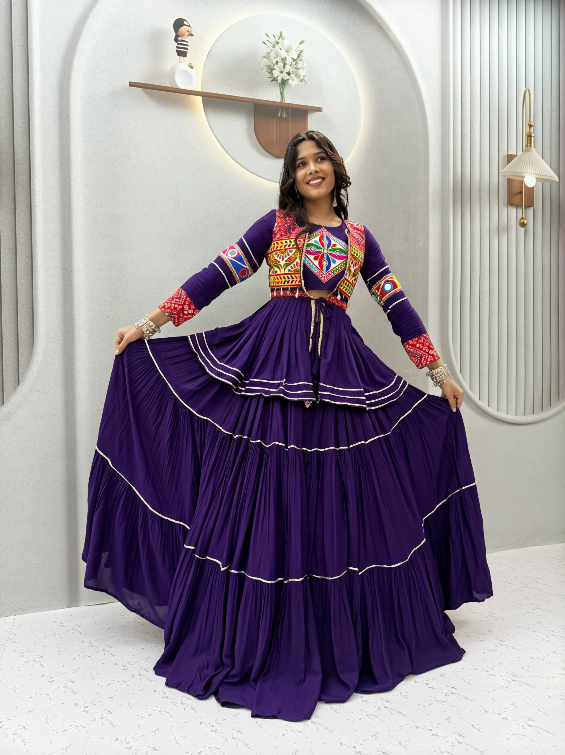 Royal Purple Pure Cotton Gamthi Work Lehenga Choli with Koti