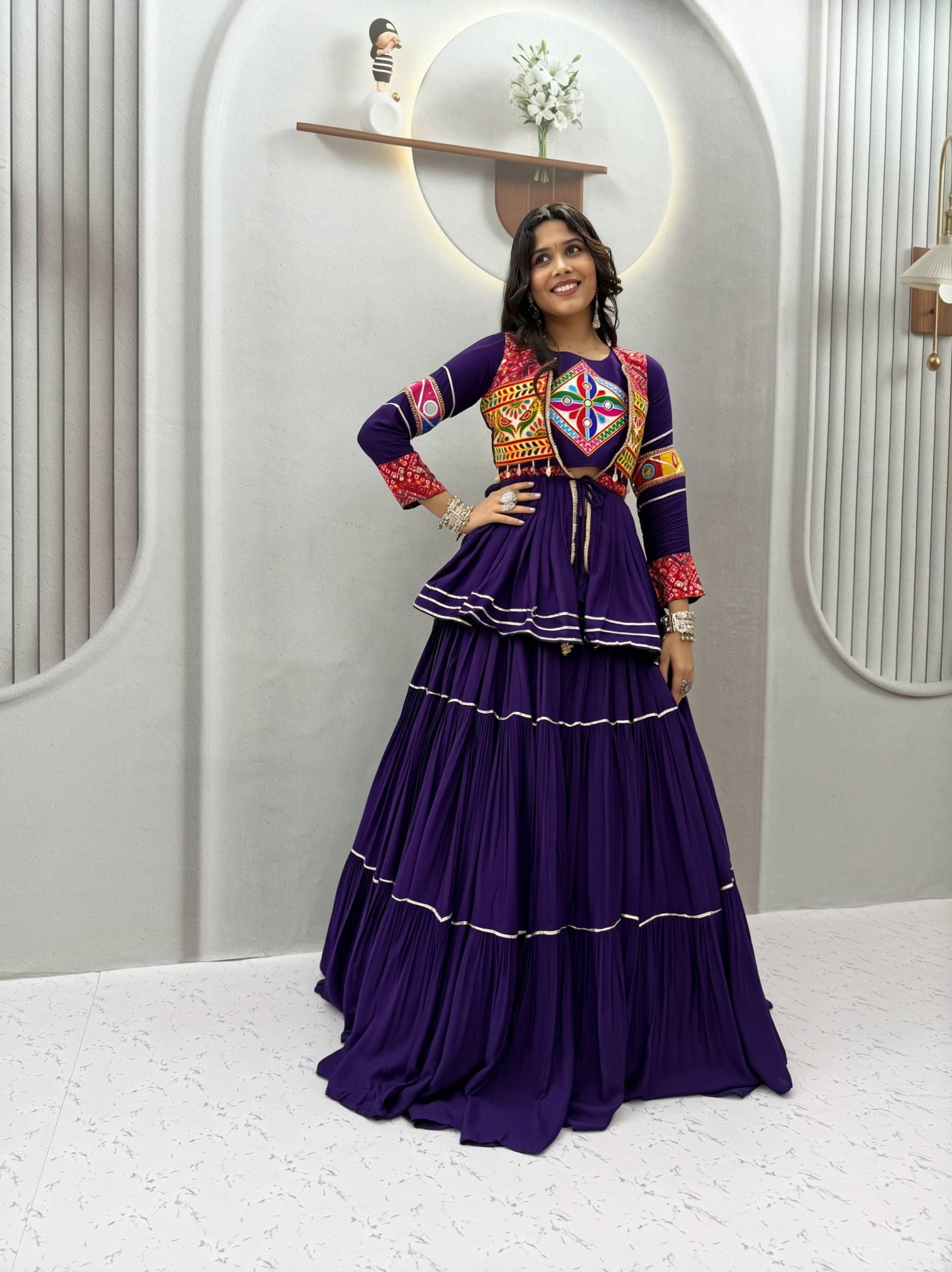 Royal Purple Pure Cotton Gamthi Work Lehenga Choli with Koti