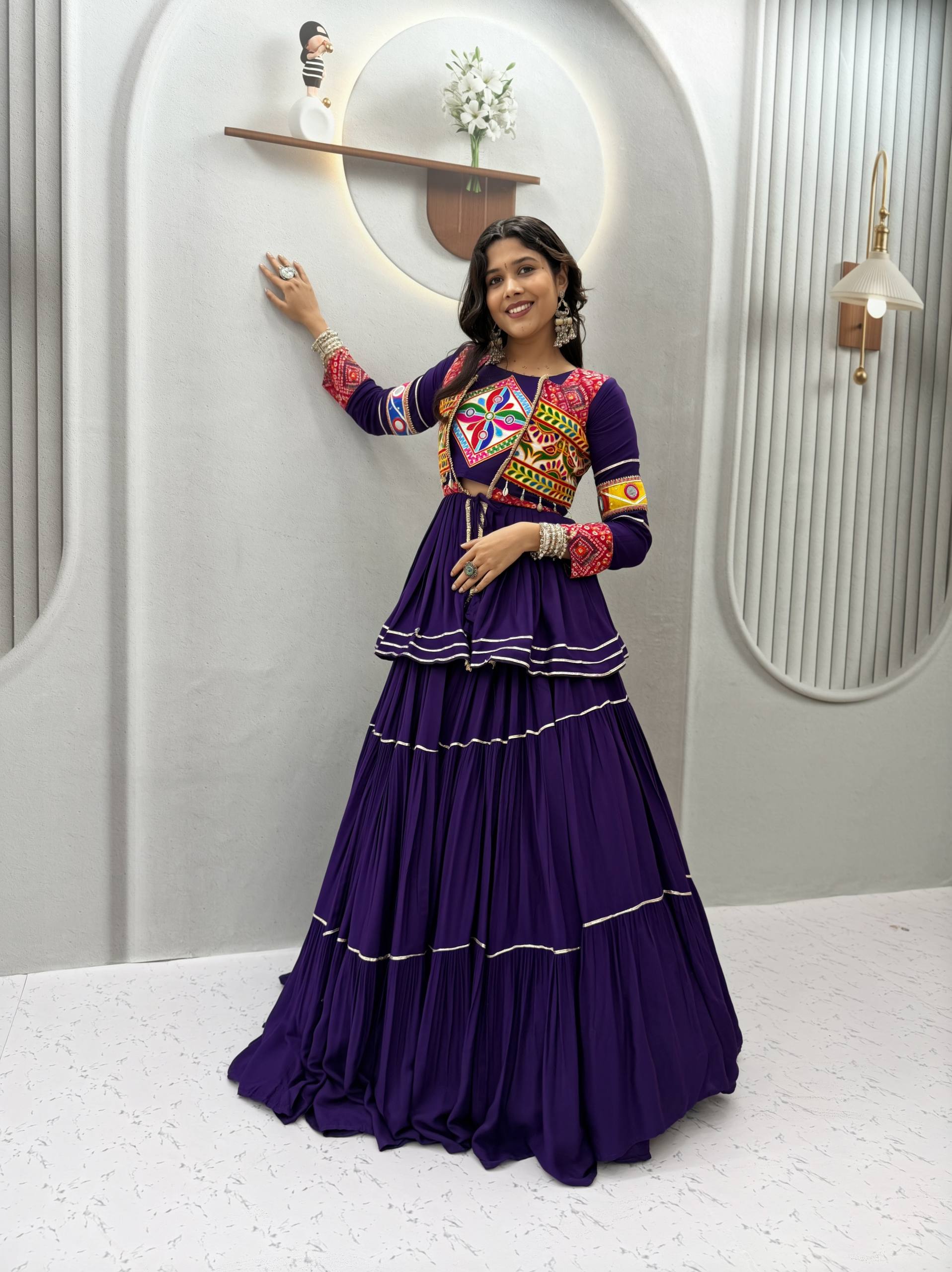 Royal Purple Pure Cotton Gamthi Work Lehenga Choli with Koti