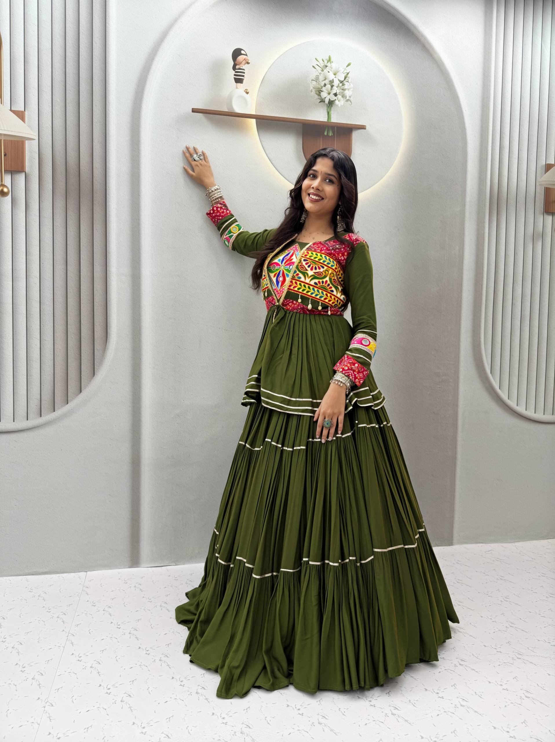 Olive Green Pure Cotton Gamthi Work Lehenga Choli with Koti