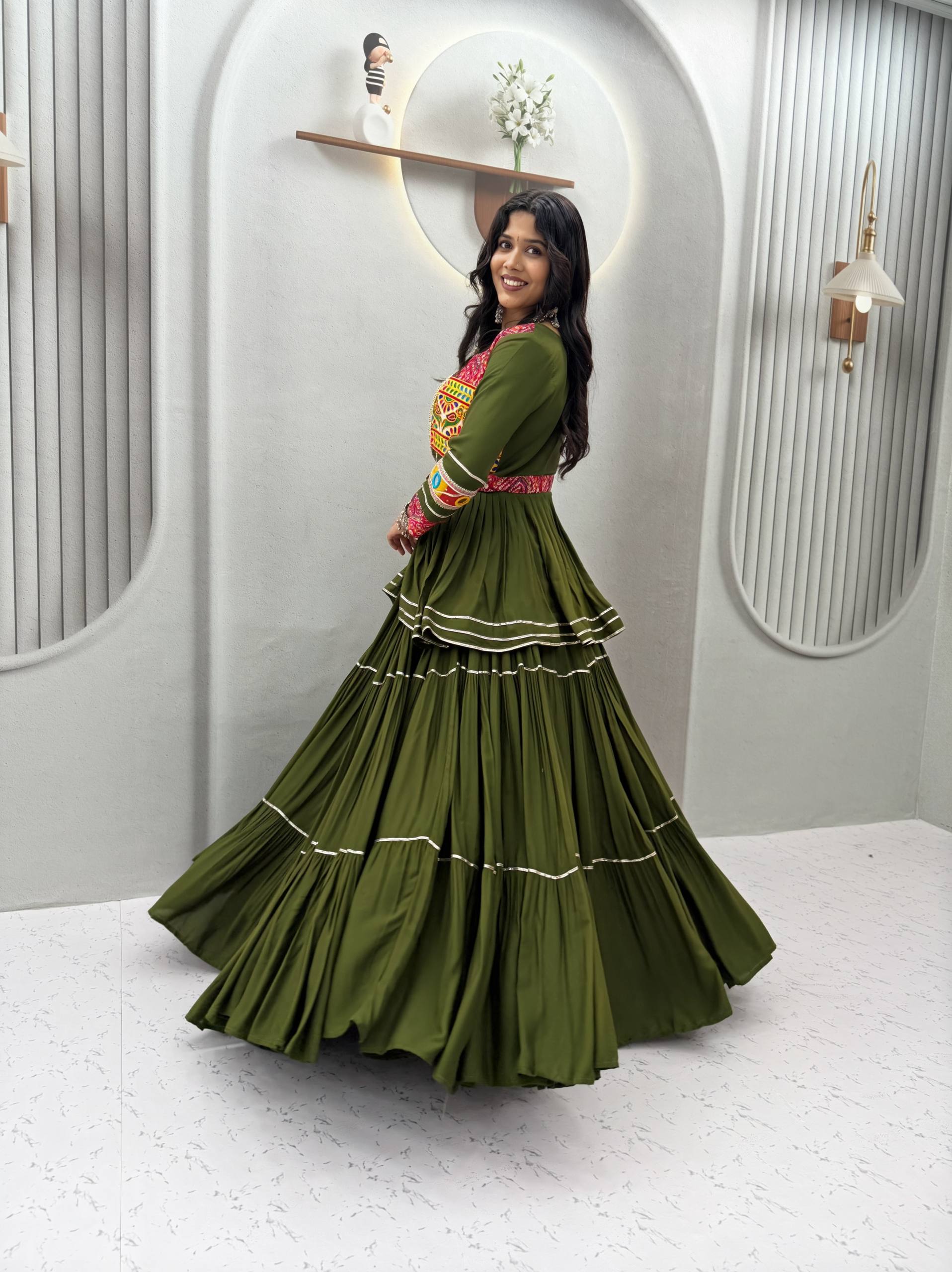 Olive Green Pure Cotton Gamthi Work Lehenga Choli with Koti