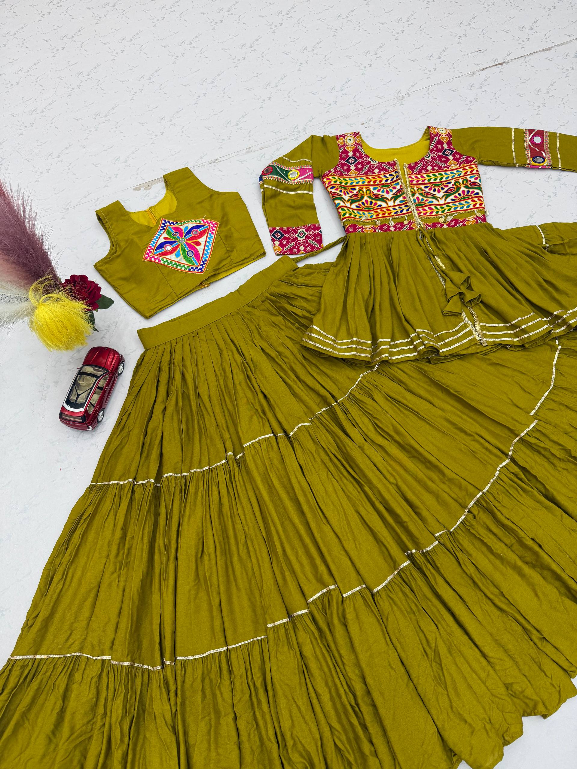 Olive Green Pure Cotton Gamthi Work Lehenga Choli with Koti