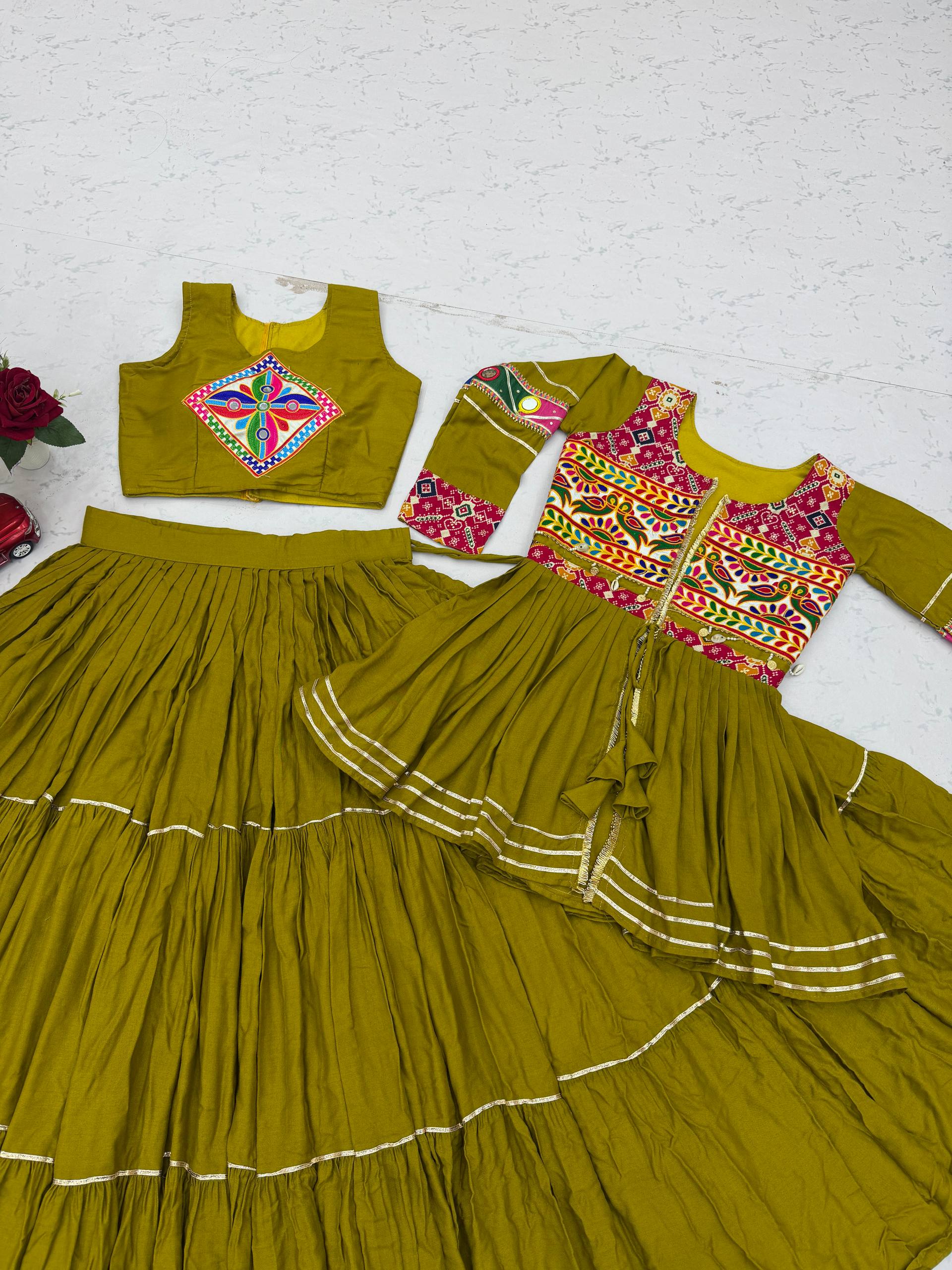 Olive Green Pure Cotton Gamthi Work Lehenga Choli with Koti