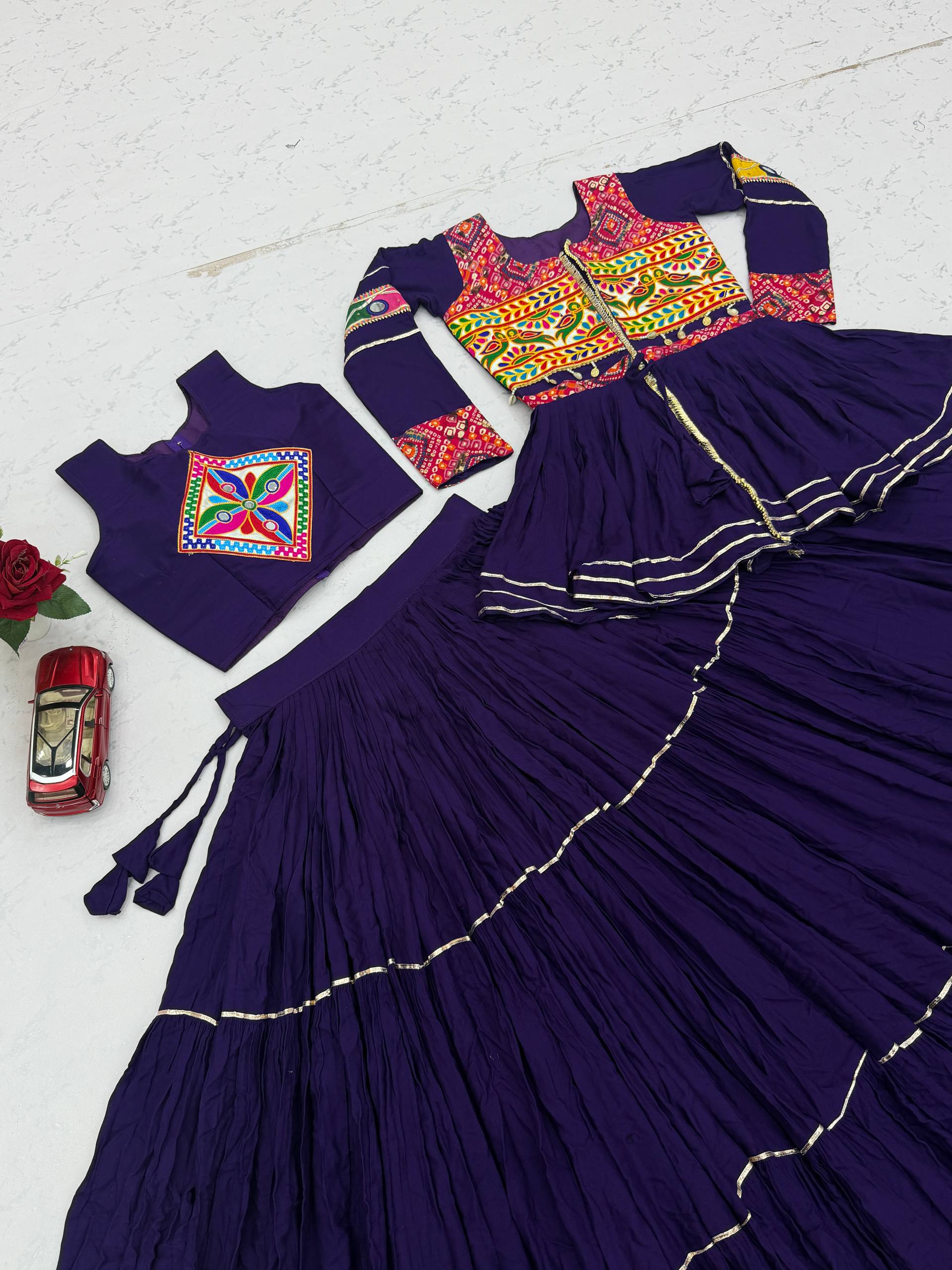 Royal Purple Pure Cotton Gamthi Work Lehenga Choli with Koti