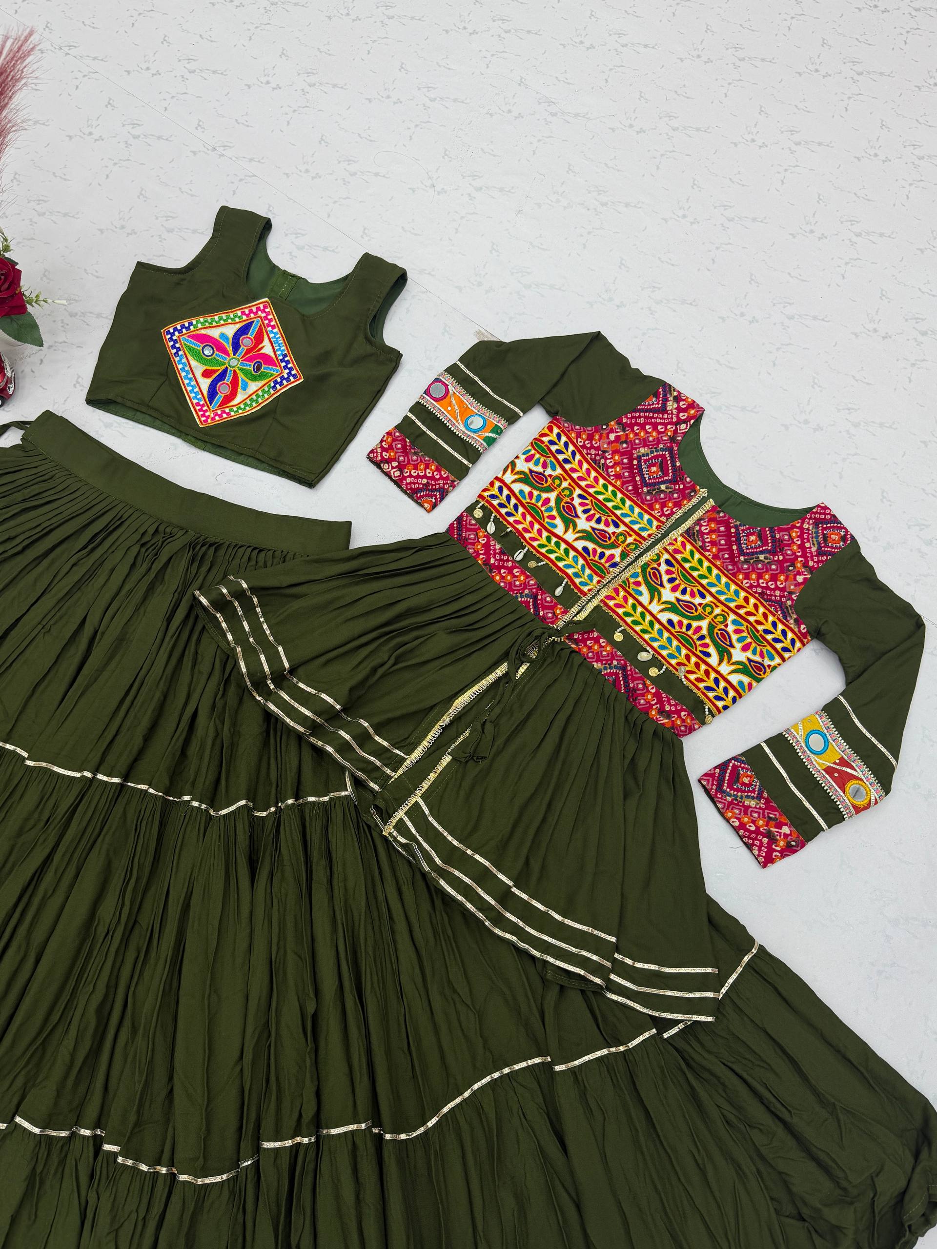 Olive Green Pure Cotton Gamthi Work Lehenga Choli with Koti