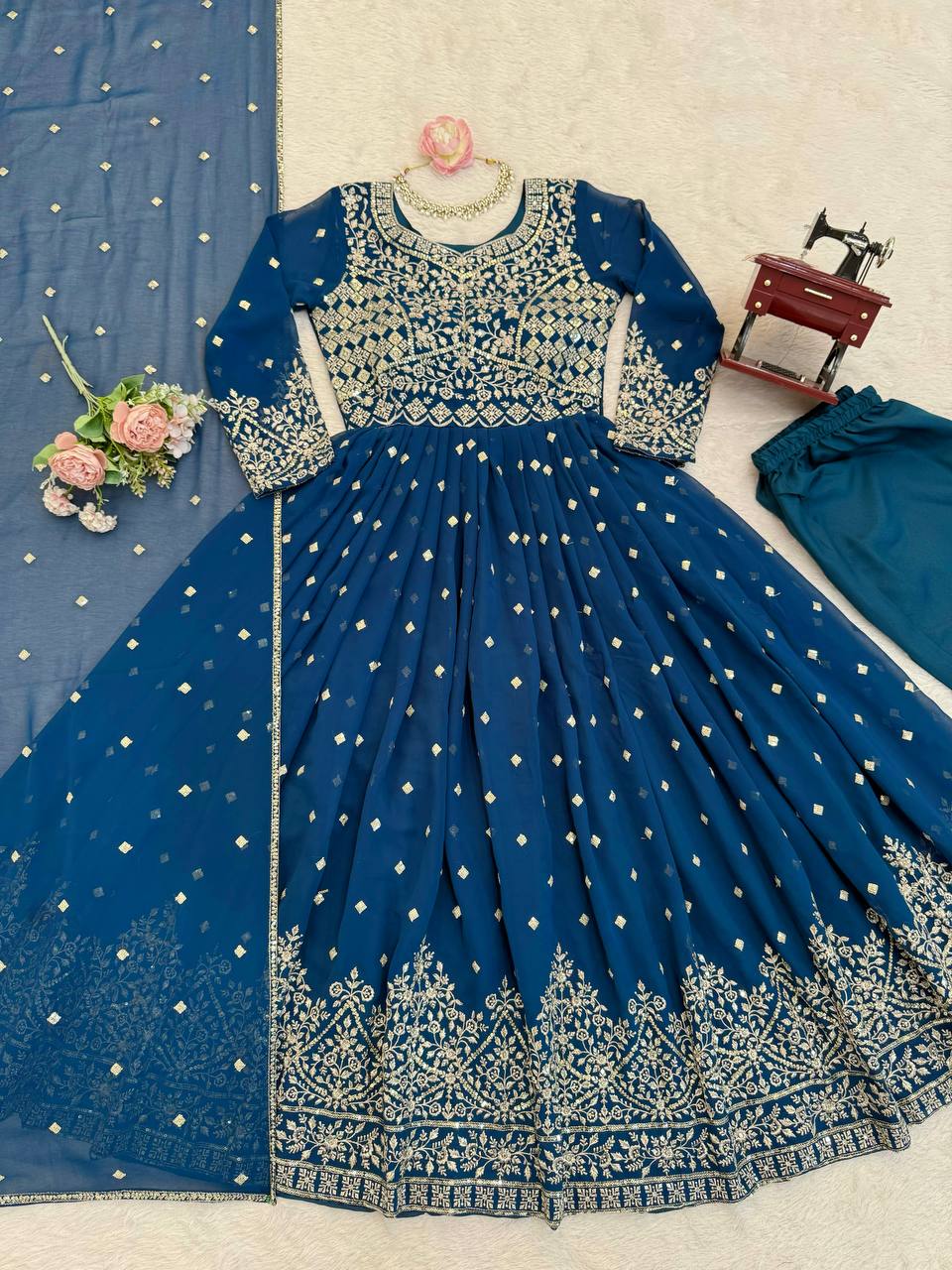 Navy Blue Designer Embroidered Anarkali Suit Set with Dupatta & Pant