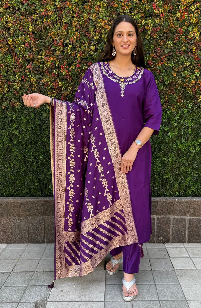 Purple Fully Hand Work Roman Silk Kurti With Pant & Dupatta Set