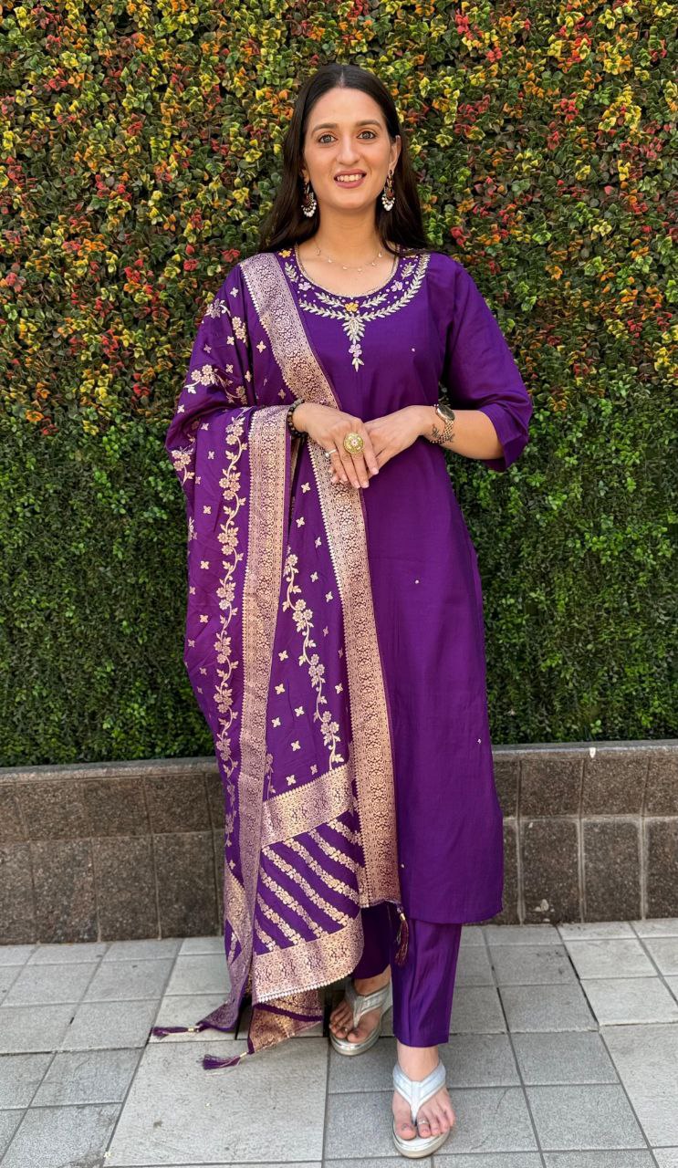 Purple Fully Hand Work Roman Silk Kurti With Pant & Dupatta Set