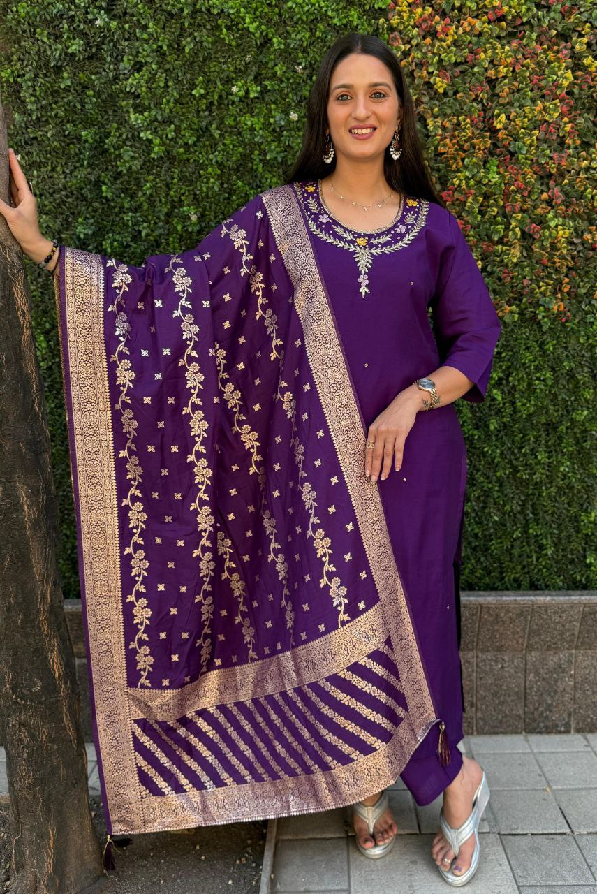 Purple Fully Hand Work Roman Silk Kurti With Pant & Dupatta Set