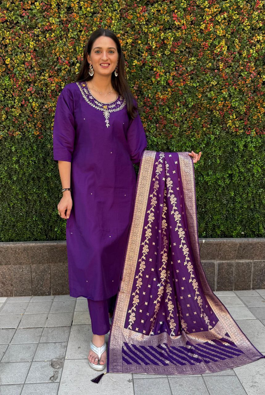 Purple Fully Hand Work Roman Silk Kurti With Pant & Dupatta Set