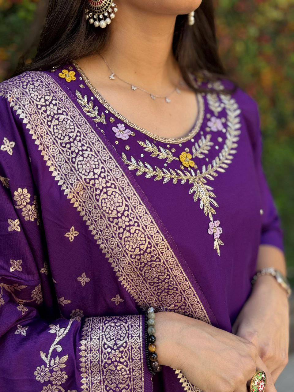 Purple Fully Hand Work Roman Silk Kurti With Pant & Dupatta Set