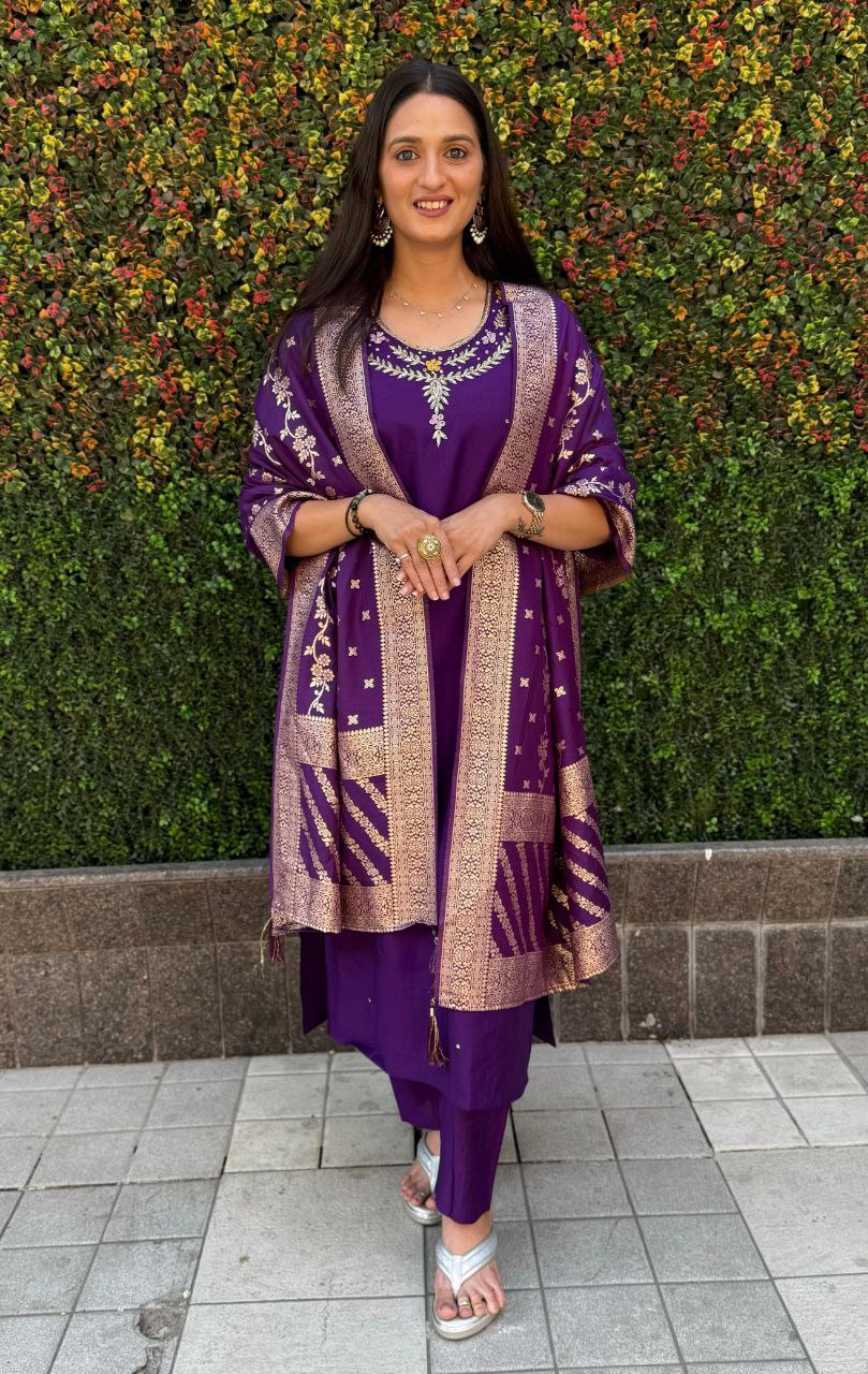 Purple Fully Hand Work Roman Silk Kurti With Pant & Dupatta Set