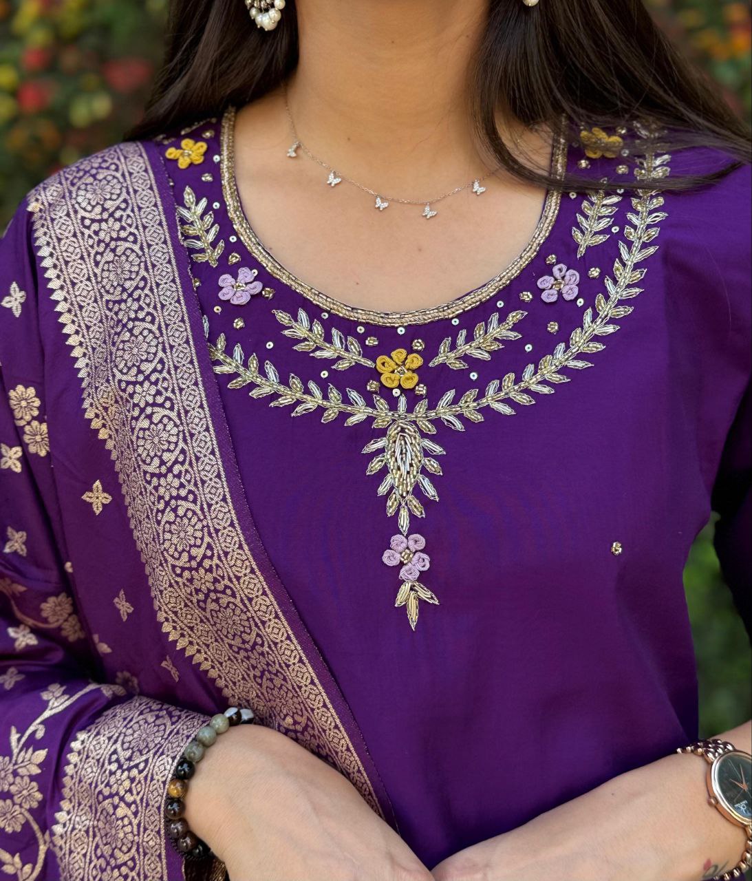 Purple Fully Hand Work Roman Silk Kurti With Pant & Dupatta Set