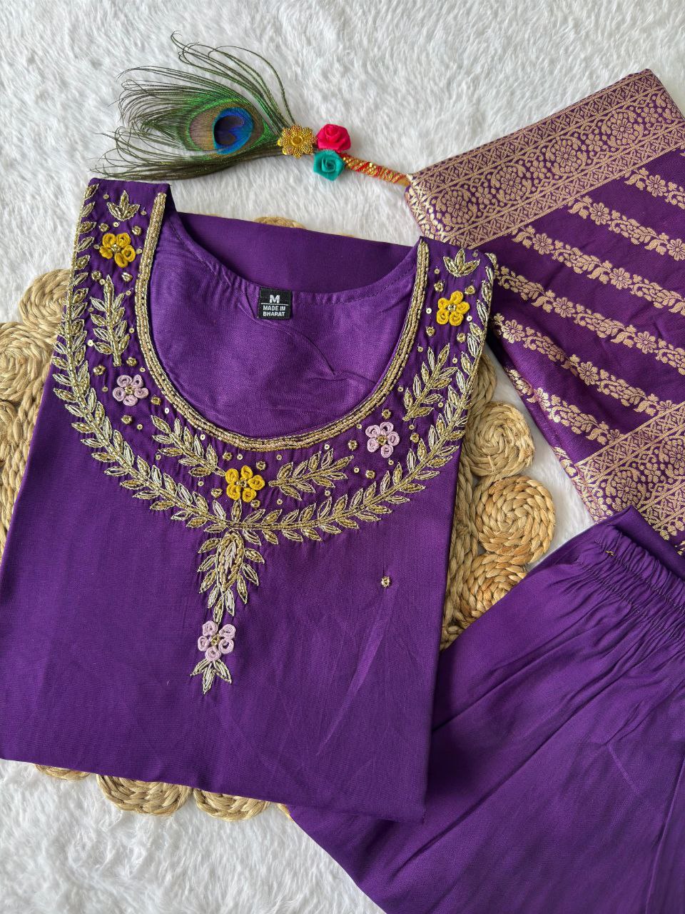 Purple Fully Hand Work Roman Silk Kurti With Pant & Dupatta Set