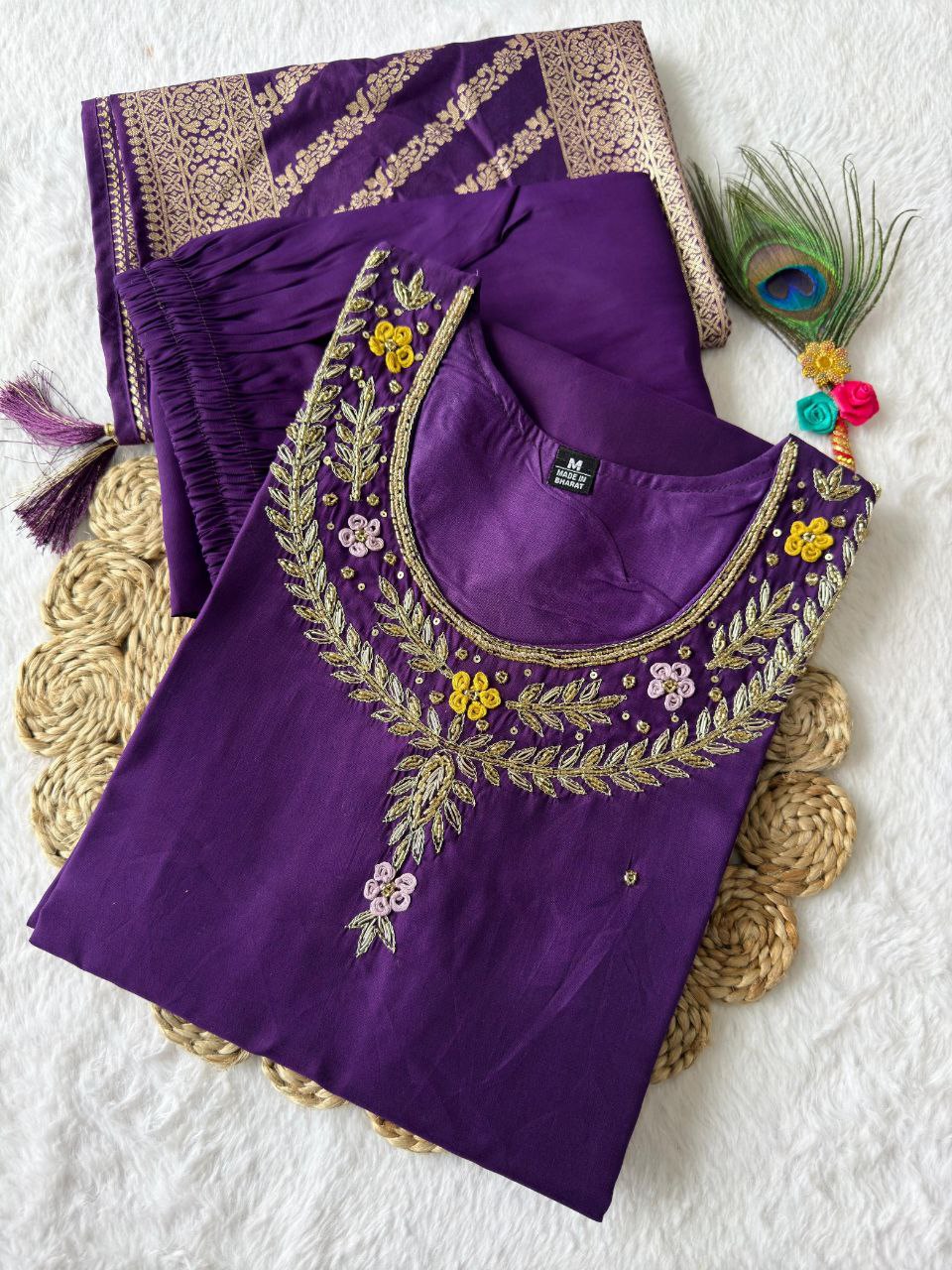 Purple Fully Hand Work Roman Silk Kurti With Pant & Dupatta Set