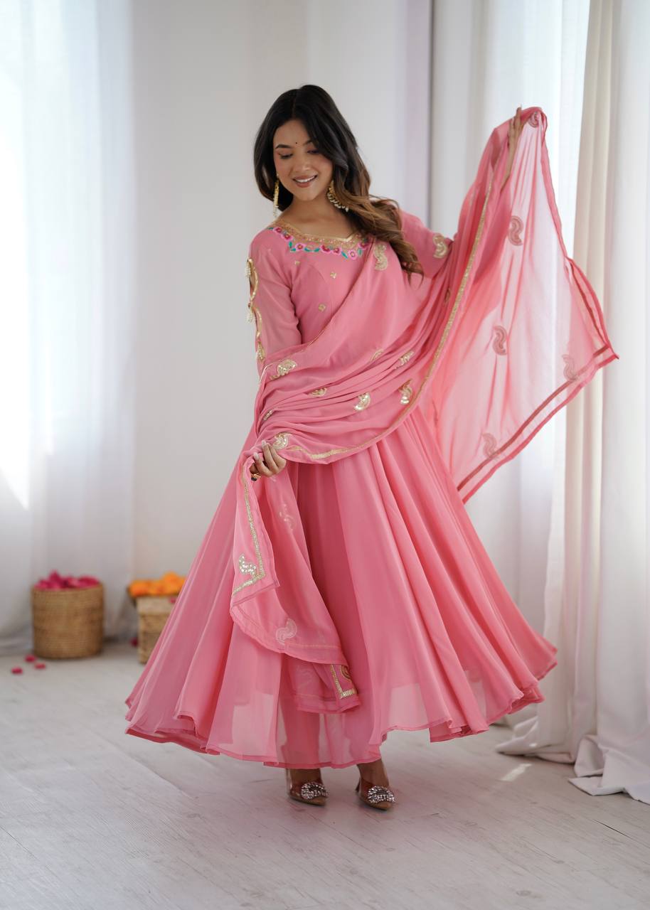 Blush Pink Faux Georgette Embroidered Flared Gown Suit Set with Dupatta