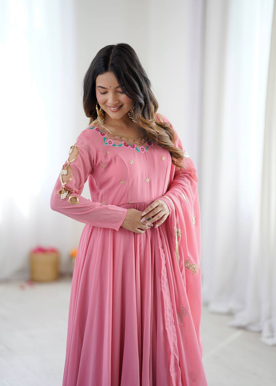 Blush Pink Faux Georgette Embroidered Flared Gown Suit Set with Dupatta