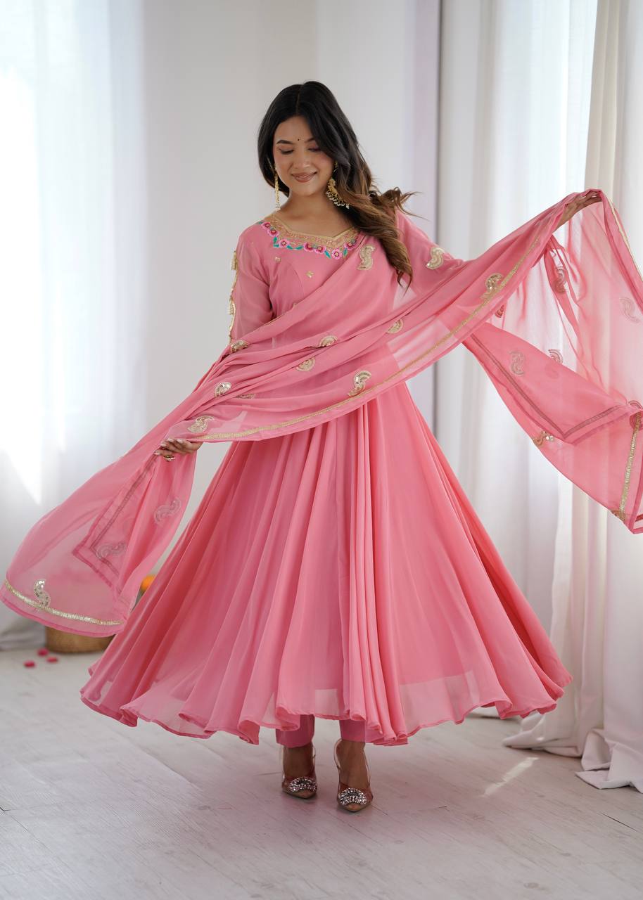 Blush Pink Faux Georgette Embroidered Flared Gown Suit Set with Dupatta