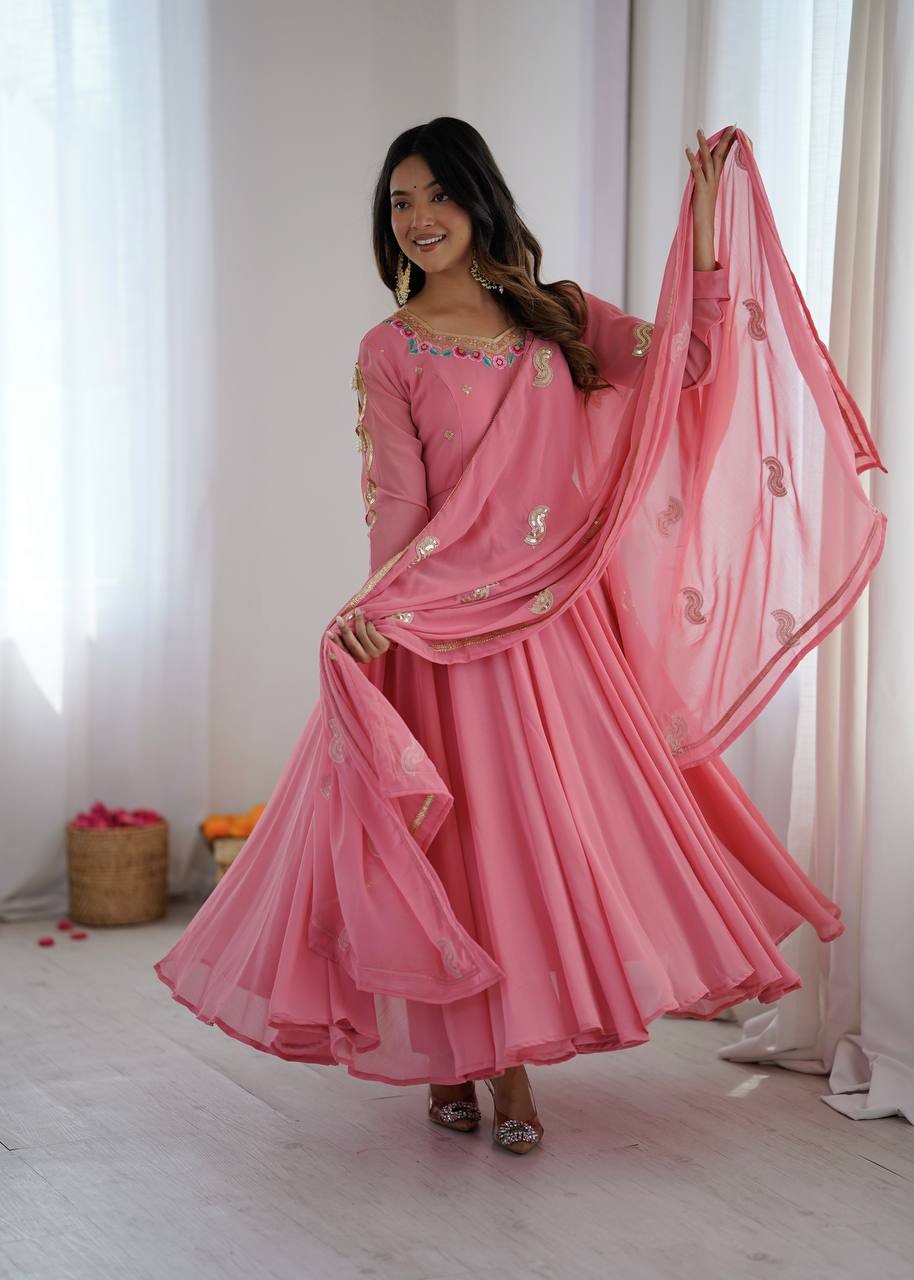 Blush Pink Faux Georgette Embroidered Flared Gown Suit Set with Dupatta