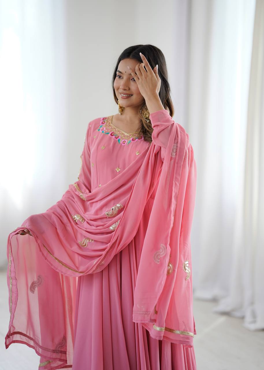 Blush Pink Faux Georgette Embroidered Flared Gown Suit Set with Dupatta